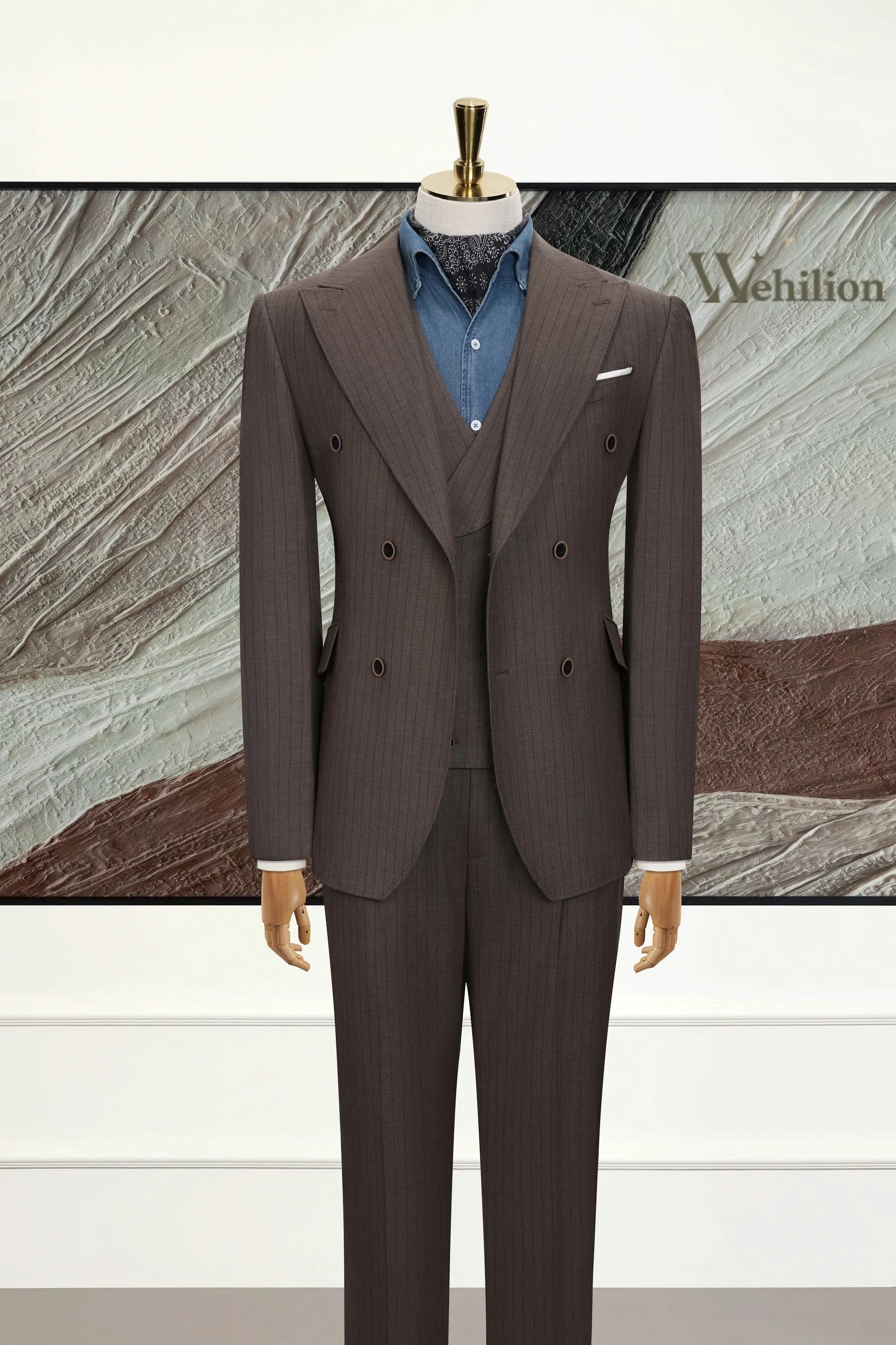 Men's Brown Peak Lapel Stripe 3 Piece Suits