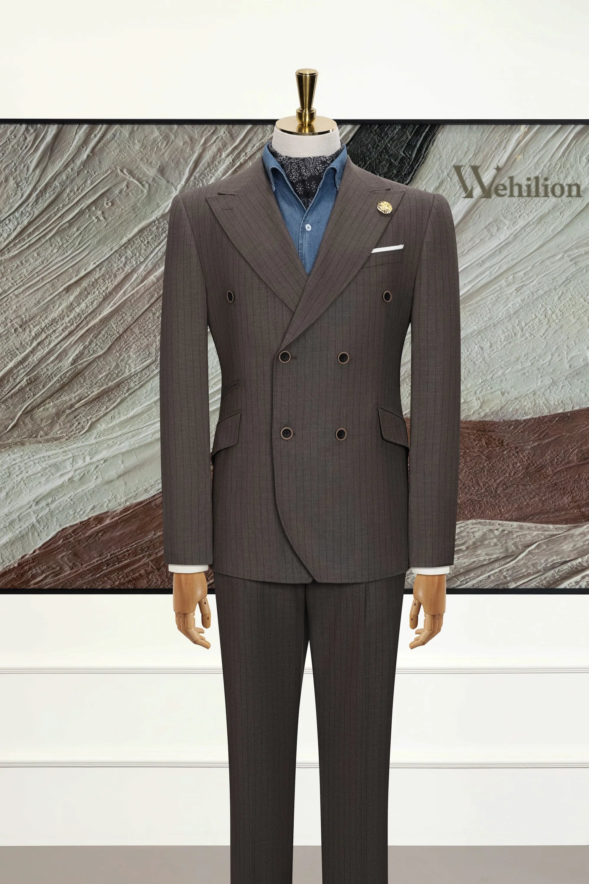 Men's Brown Peak Lapel Stripe 3 Piece Suits