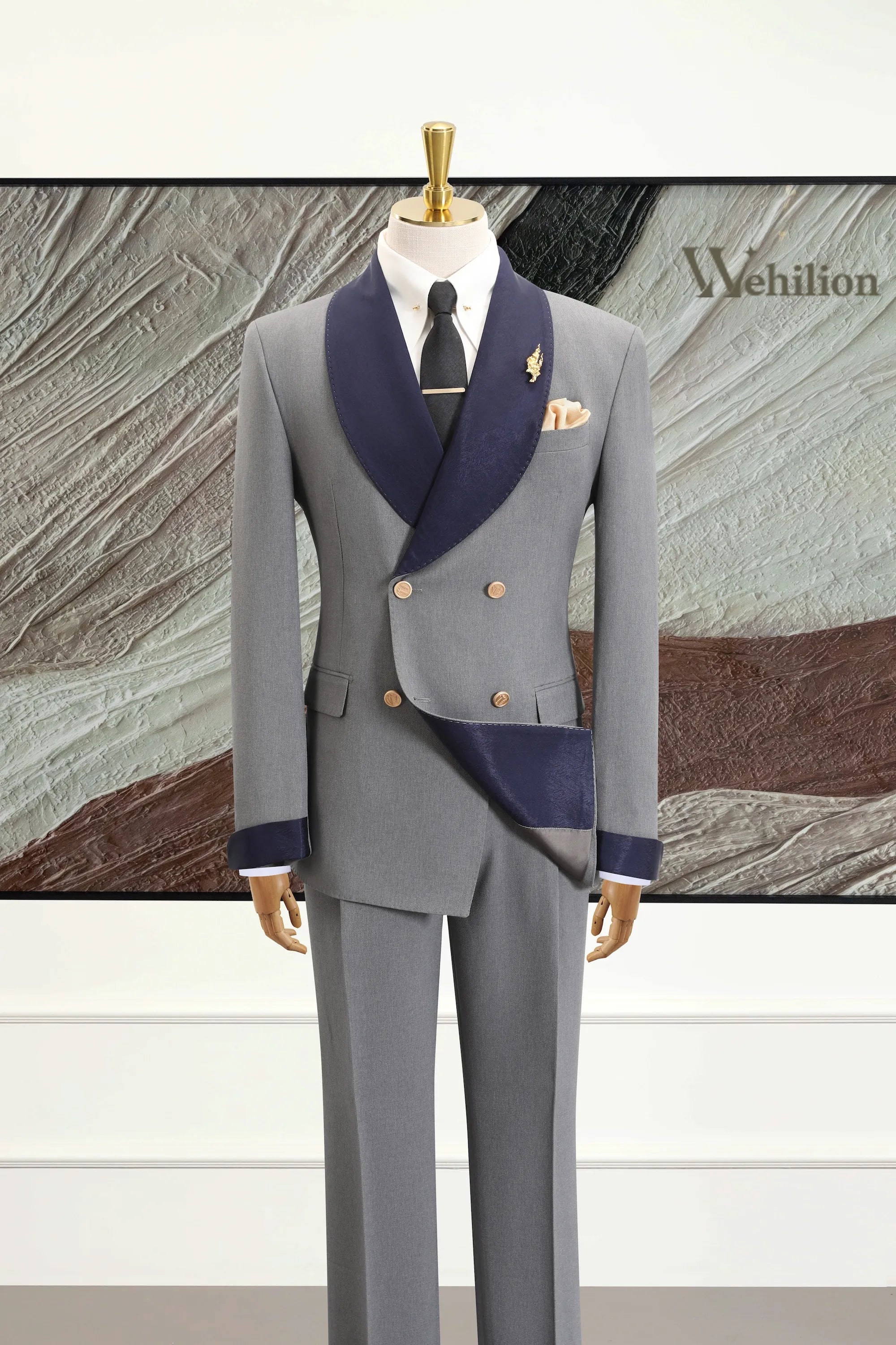 Men's Grey Double-Breasted 2 Piece Suits