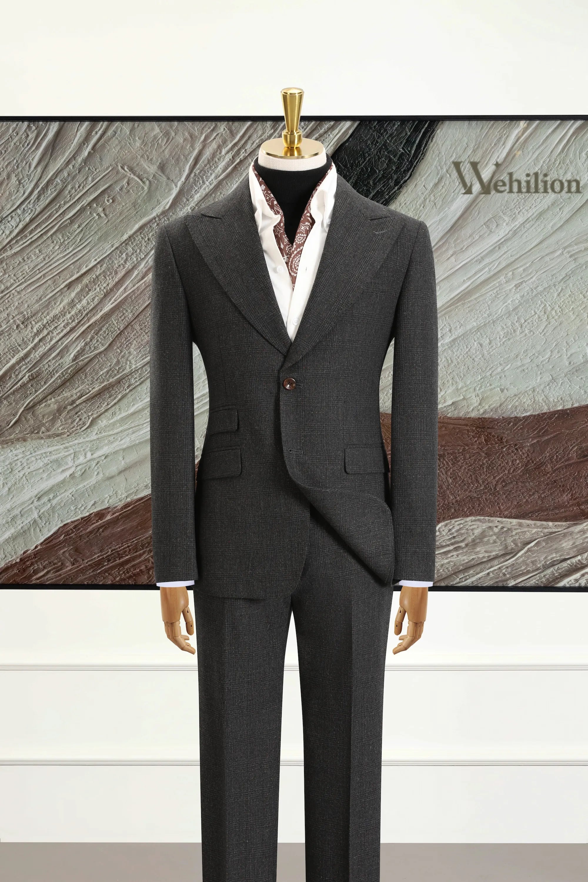Men's Grey Peak Lapel Herringbone 2 Piece Suits