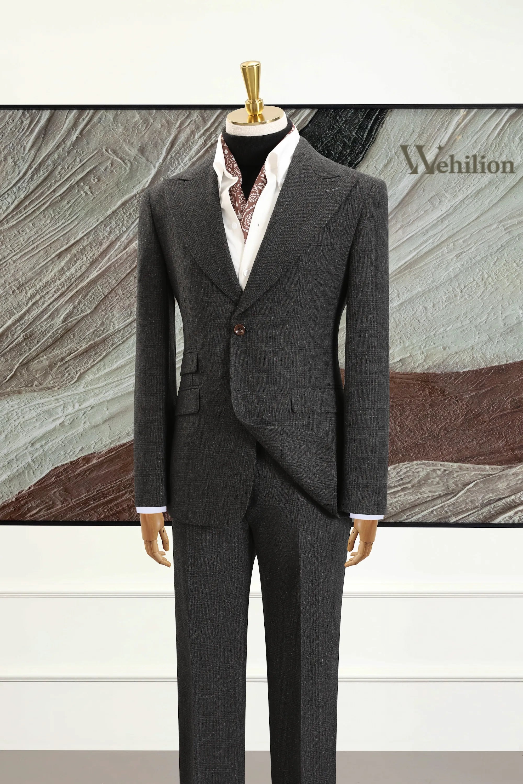 Men's Grey Peak Lapel Herringbone 2 Piece Suits