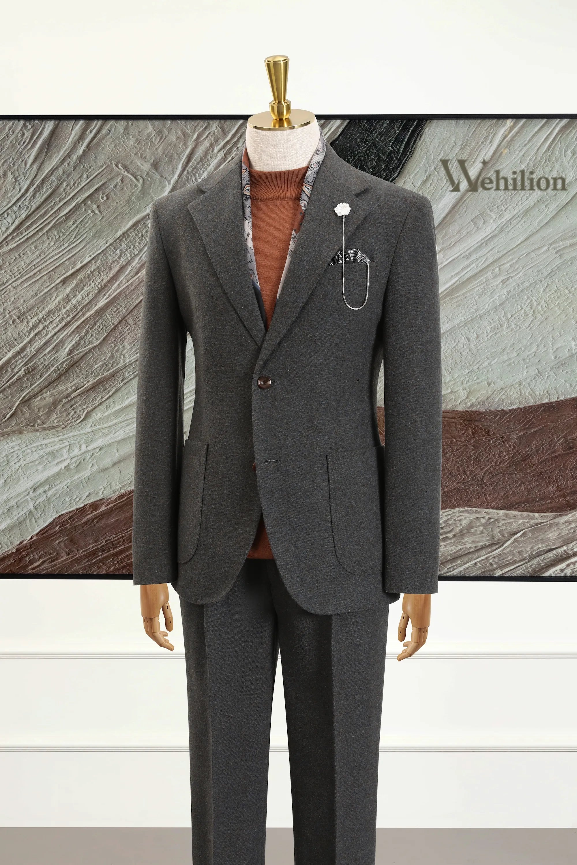 Men's Grey Wool Herringbone 2 Piece Suits