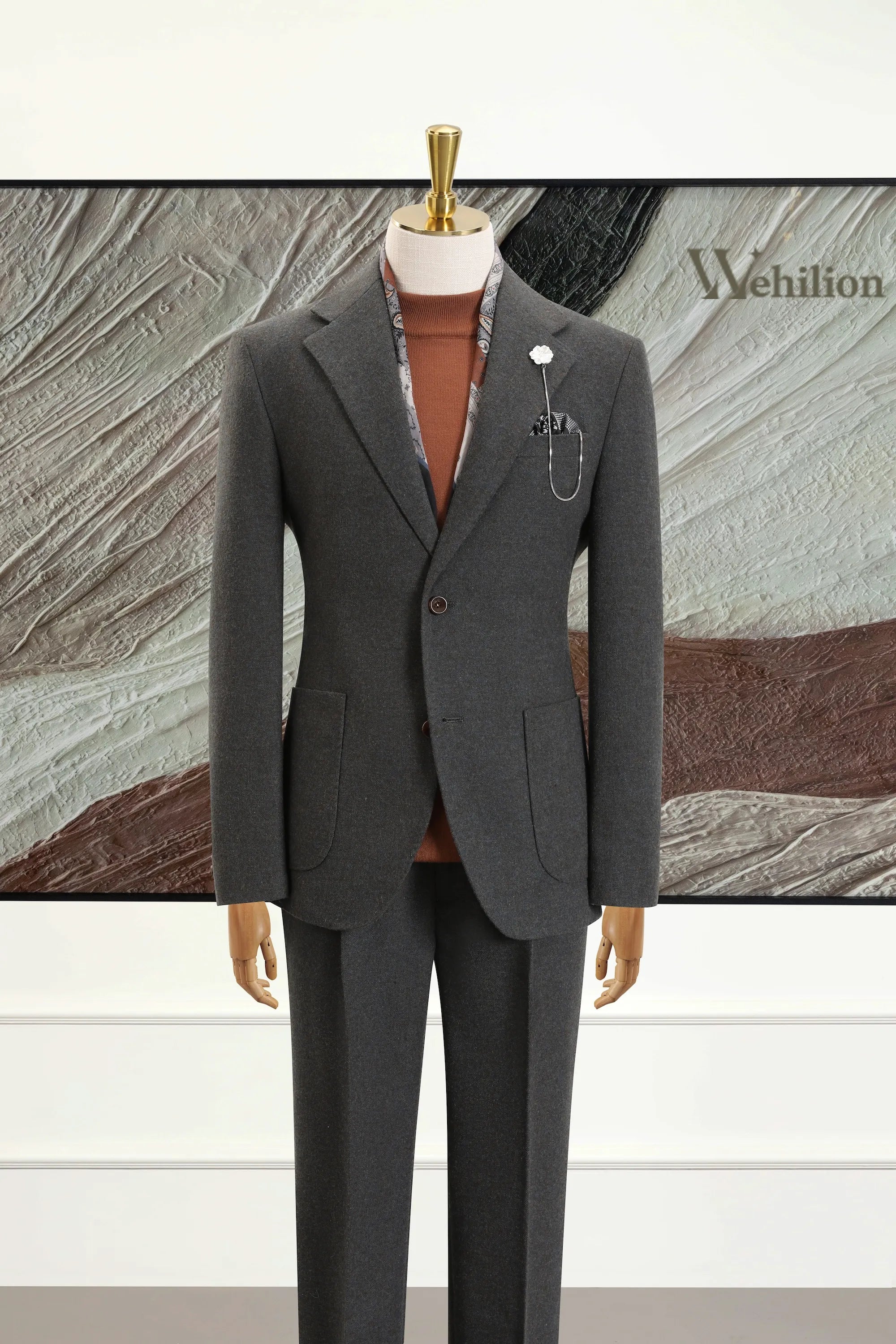 Men's Grey Wool Herringbone 2 Piece Suits