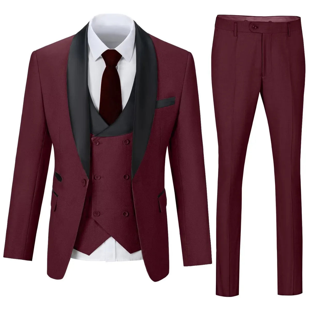 Men's burgundy shawl collar 3 piece suit with slim trousers – elegant formal and evening wear