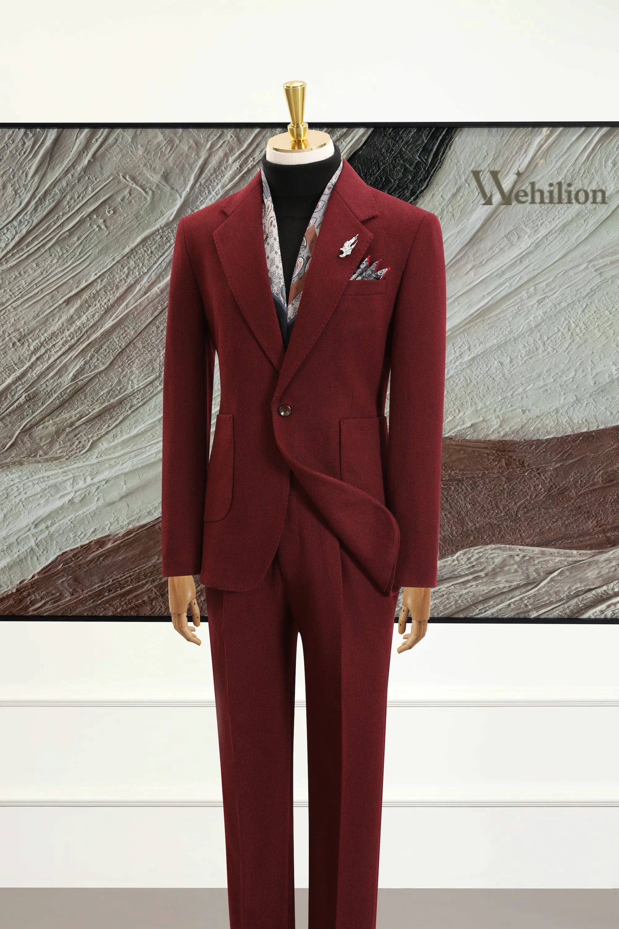 Men's Red Herringbone 2 Piece Suits