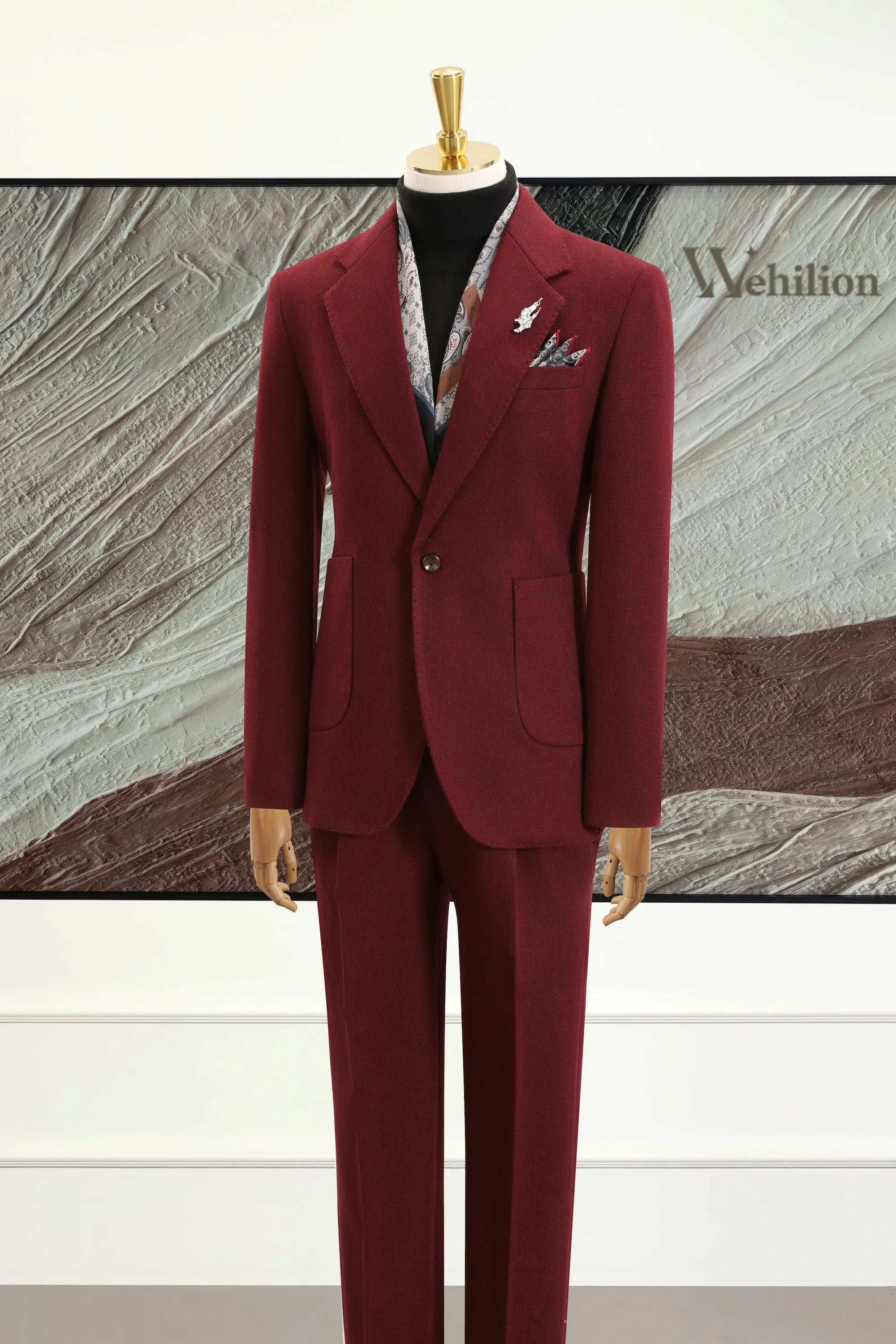 Men's Red Herringbone 2 Piece Suits