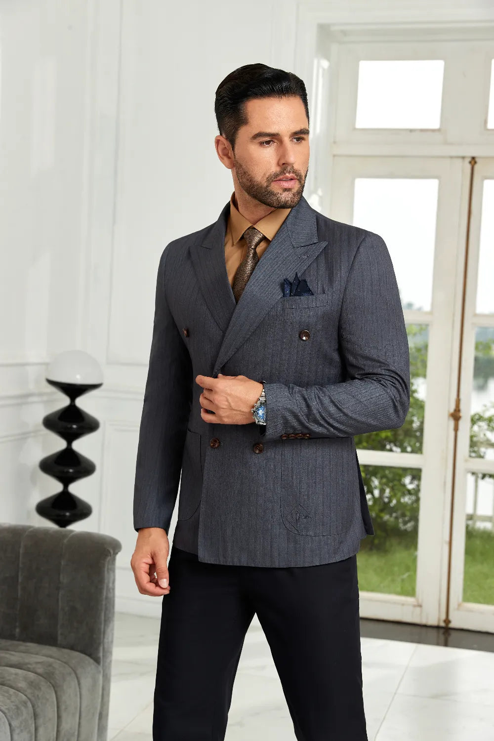 Men's Grey Stripe Double-Breasted Blazer