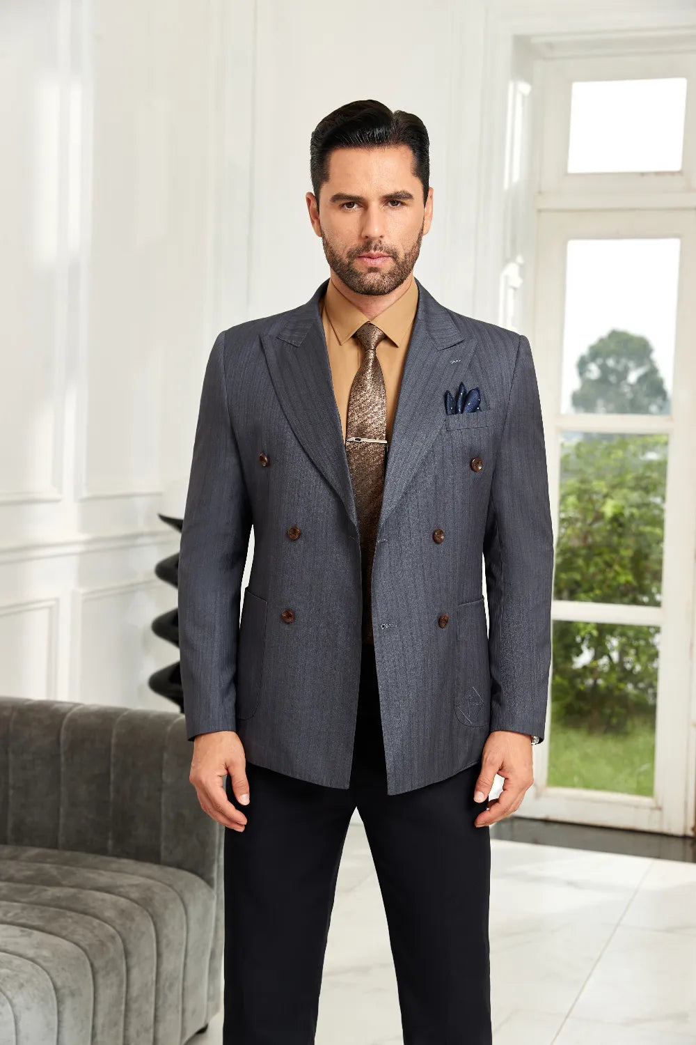 Men's Grey Stripe Double-Breasted Blazer