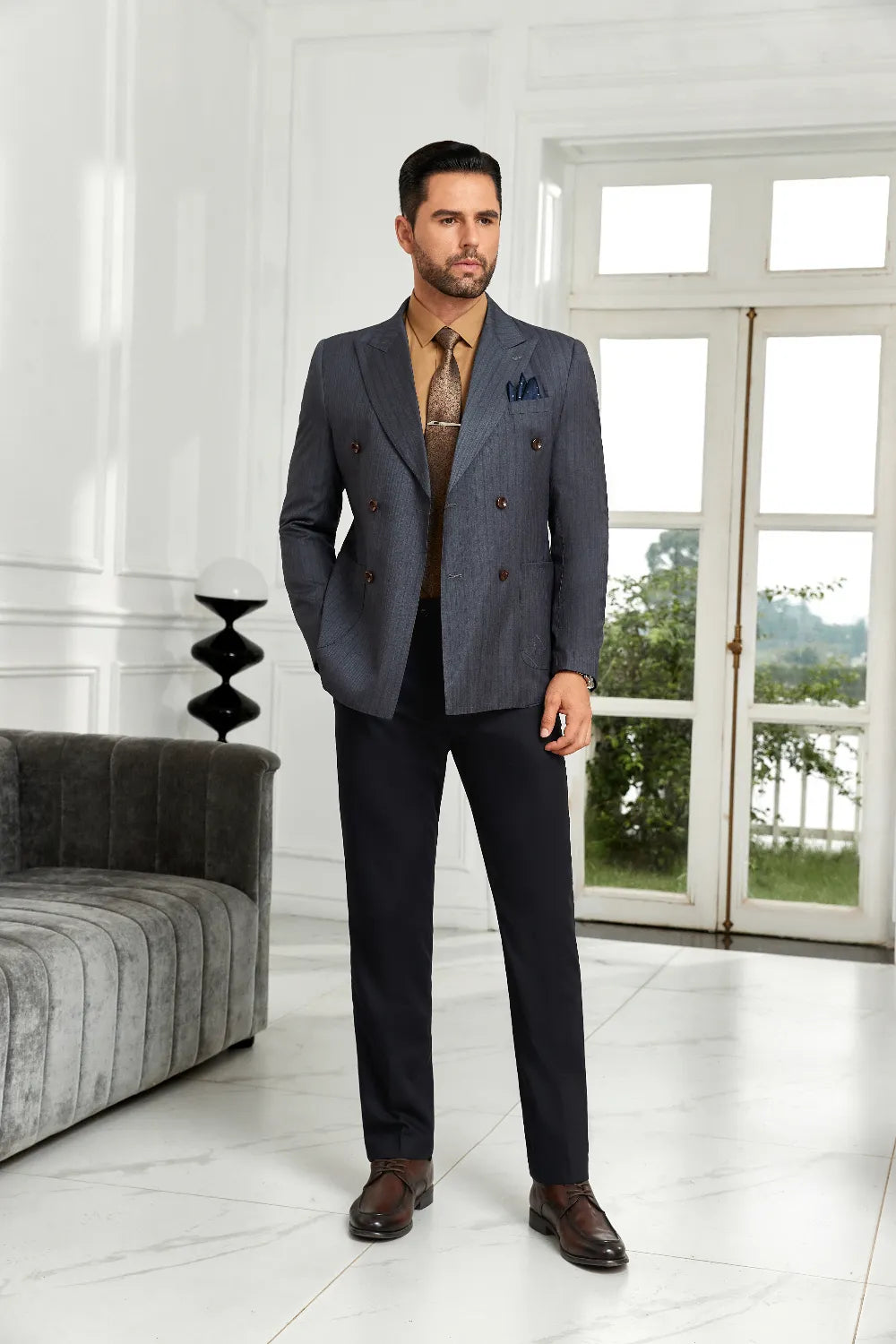 Men's Grey Stripe Double-Breasted Blazer