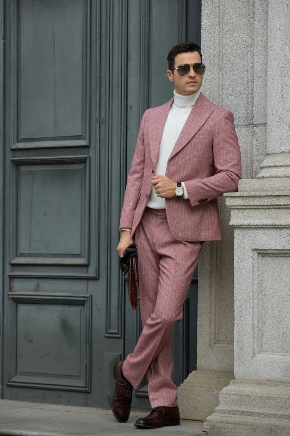 Front view of red herringbone wool prom suit with peak lapel and slim fit