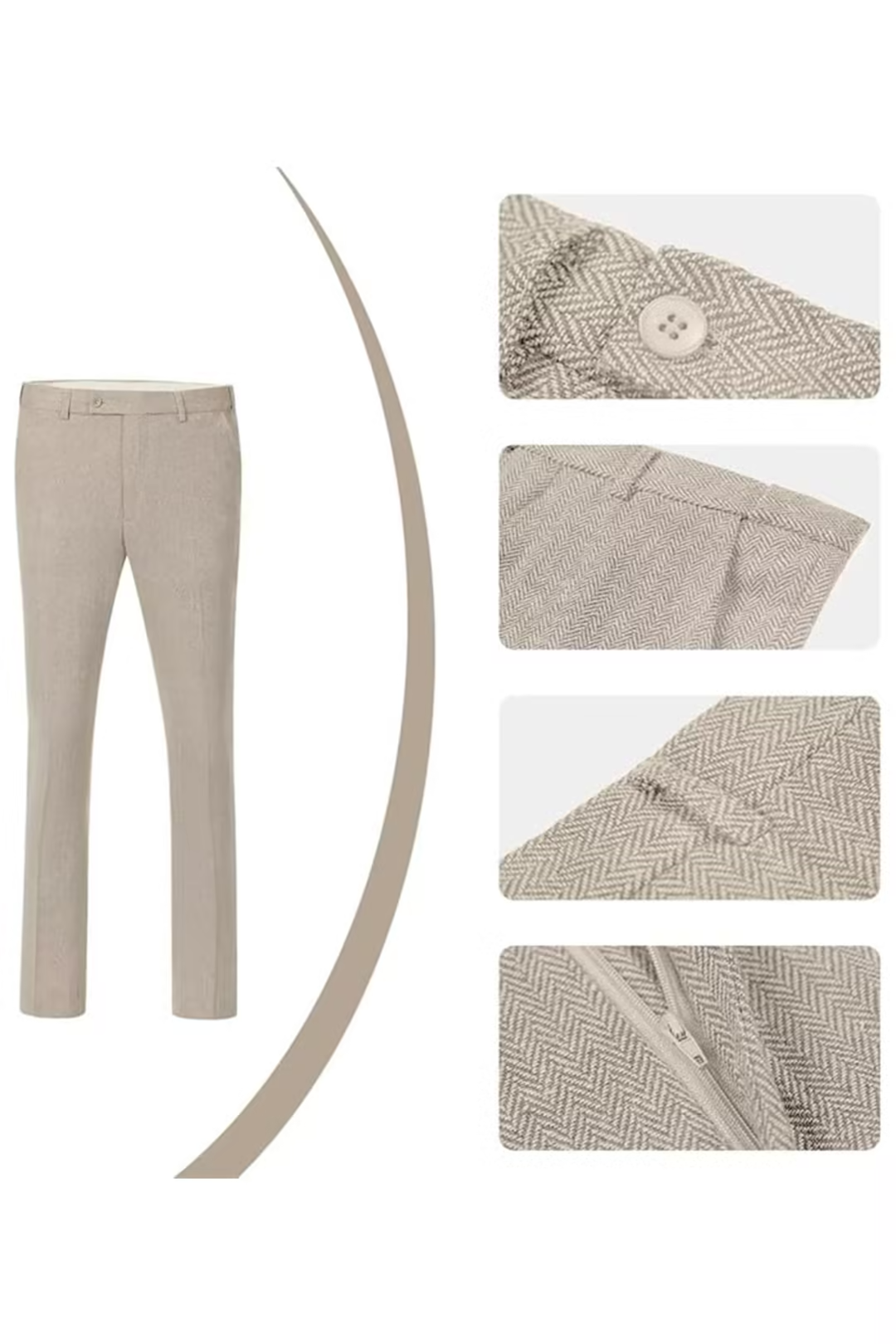 Beige herringbone dress pants with pocket, zipper, and texture details