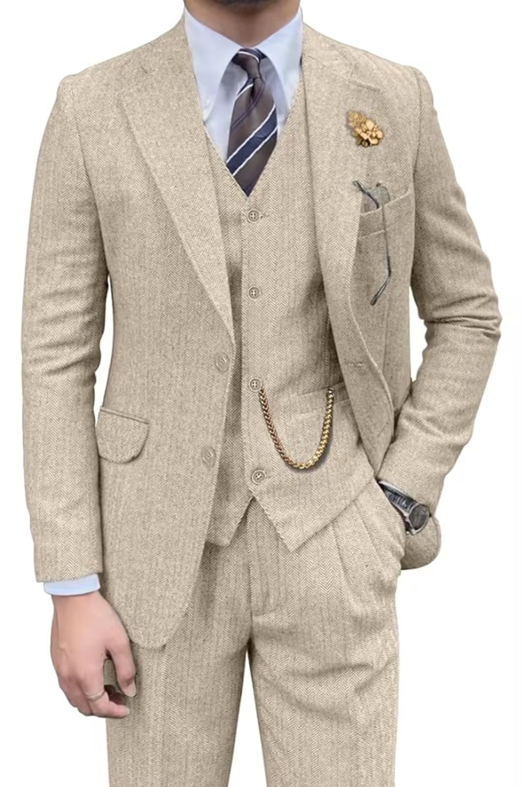 Beige retro herringbone 3 piece suit with notch lapel, styled with shirt and tie