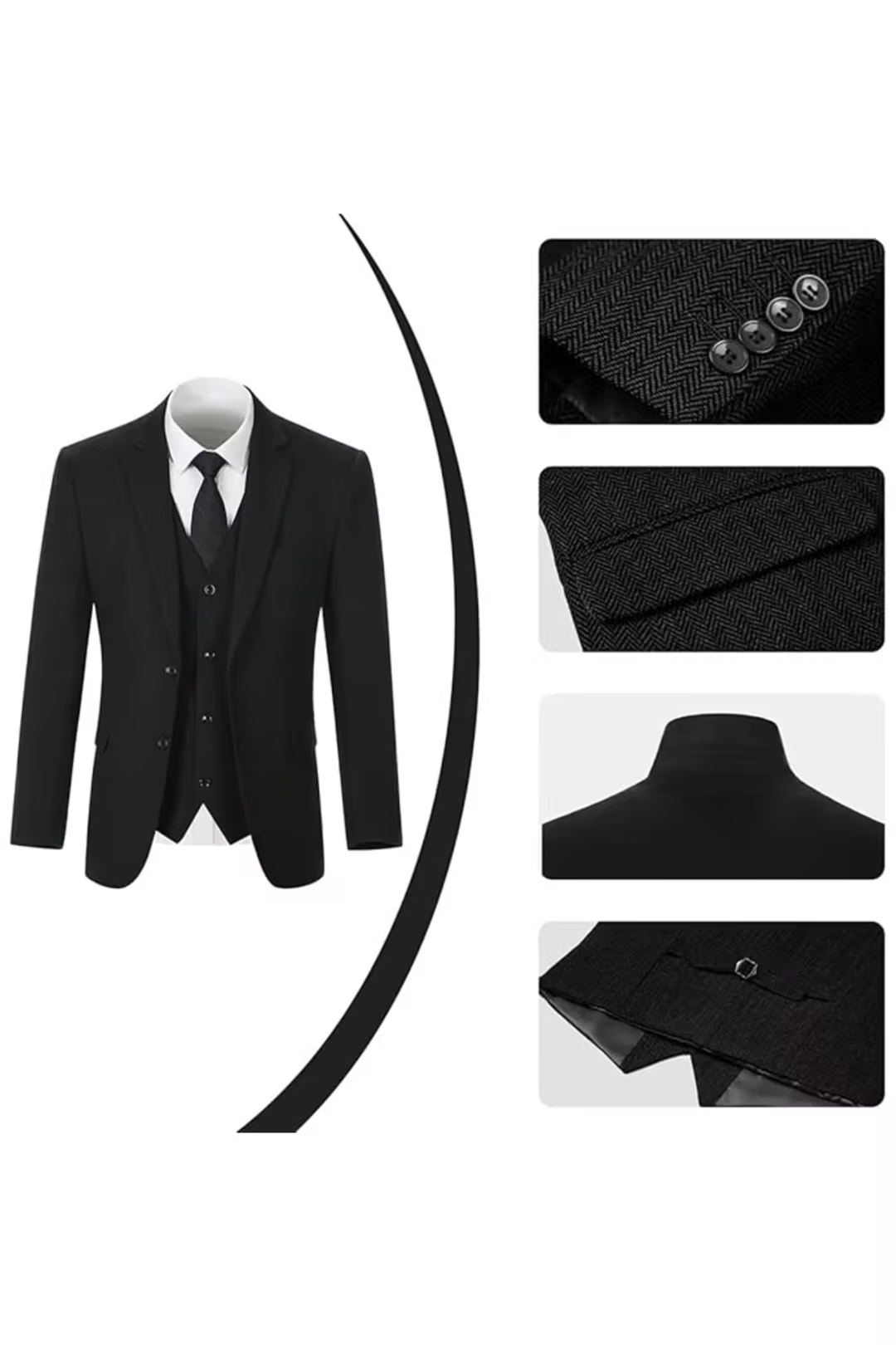 Black herringbone 3 piece men’s suit – close-up of jacket buttons, lapel and back