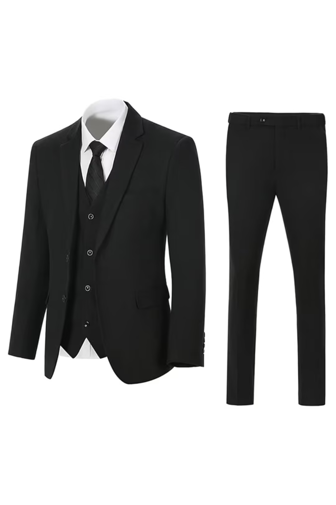 Black herringbone 3 piece men’s suit – jacket, vest and pants set flat lay