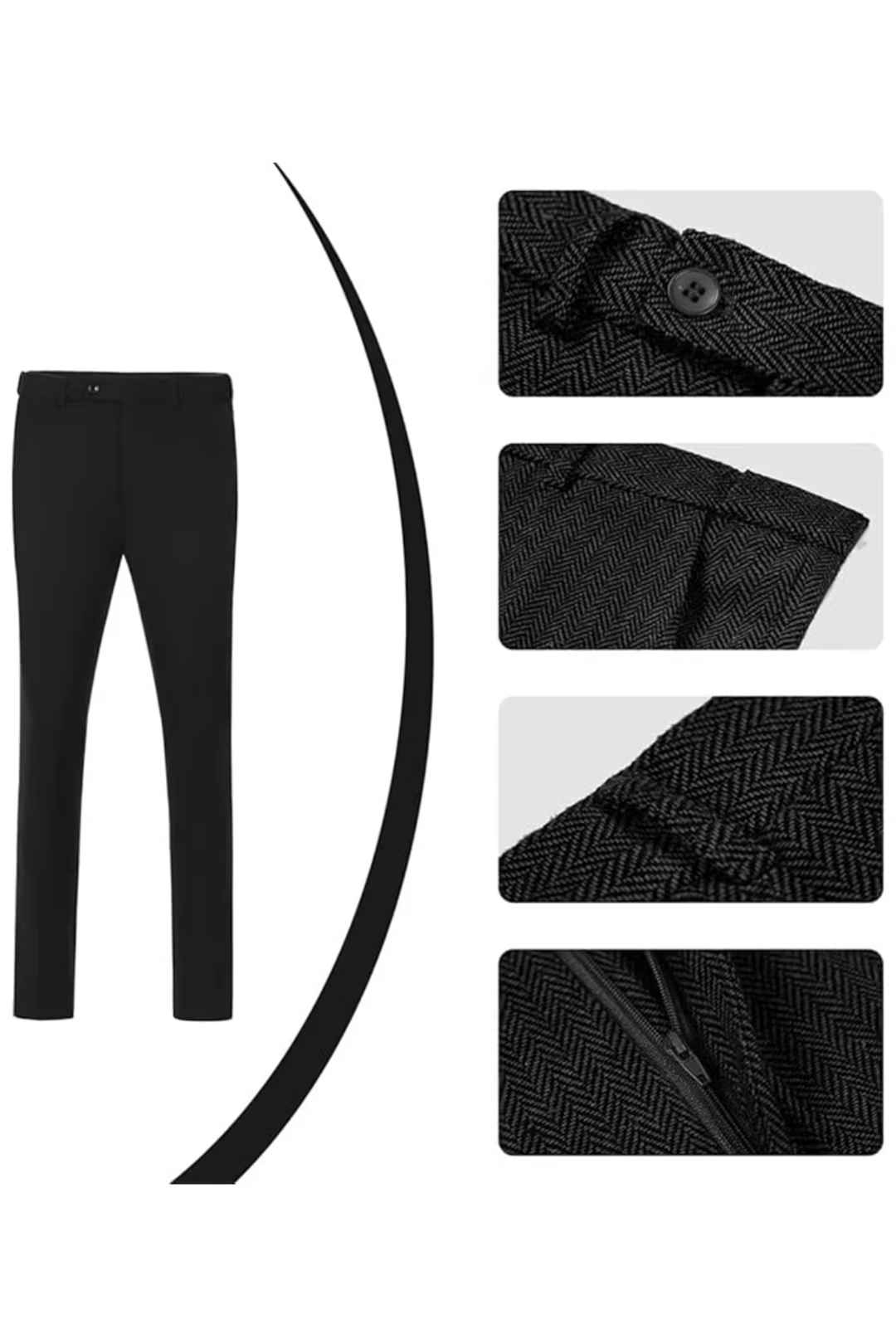 Black herringbone 3 piece men’s suit – trousers with pocket, zipper and herringbone pattern details