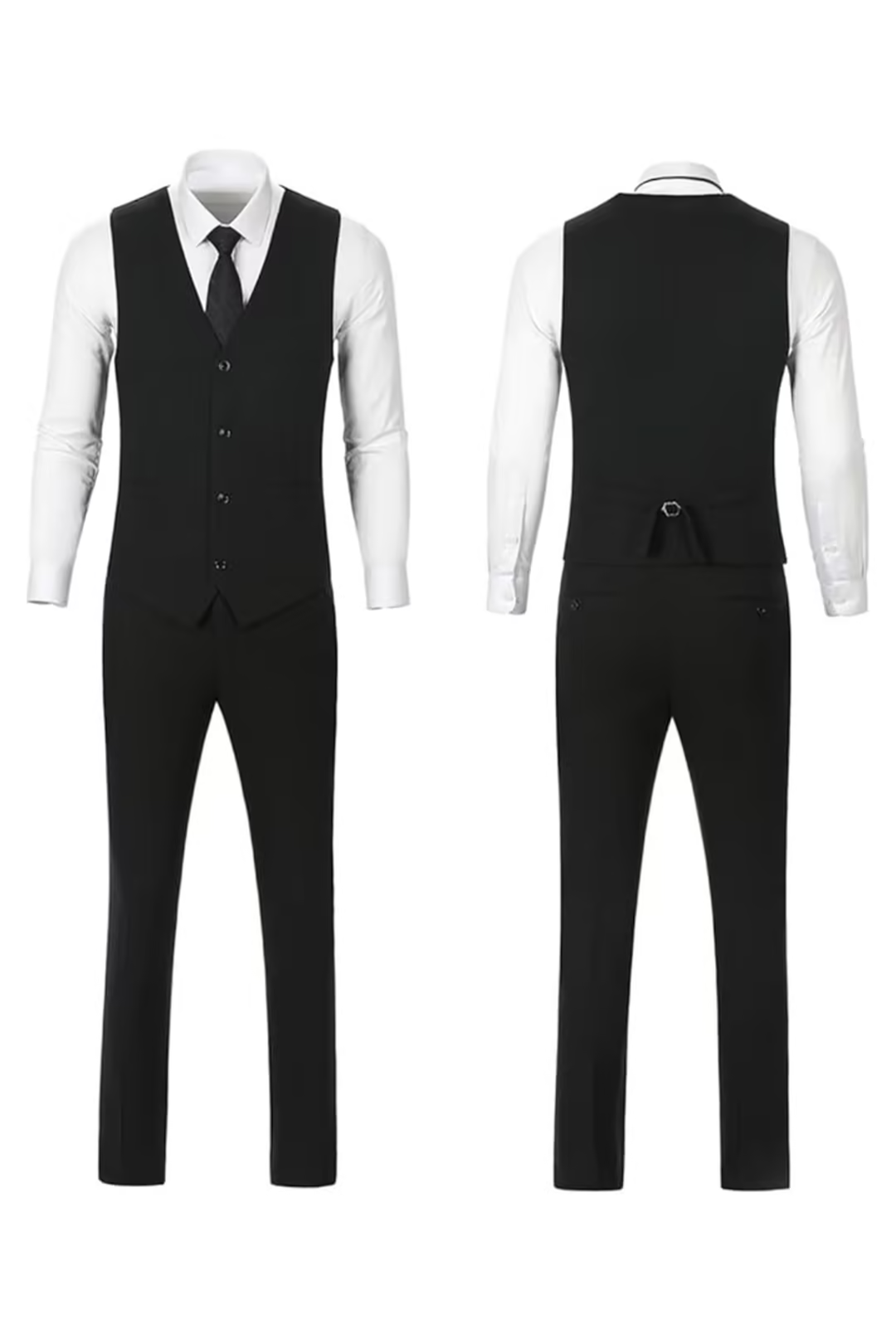 Black herringbone 3 piece men’s suit – front and back of vest and pants