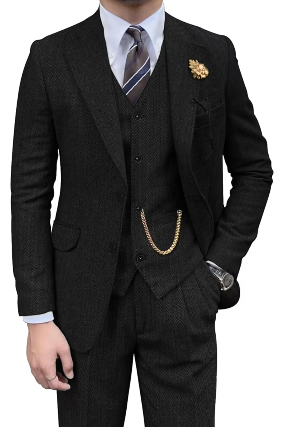 Black herringbone 3 piece men’s suit – styled full view with shirt and tie