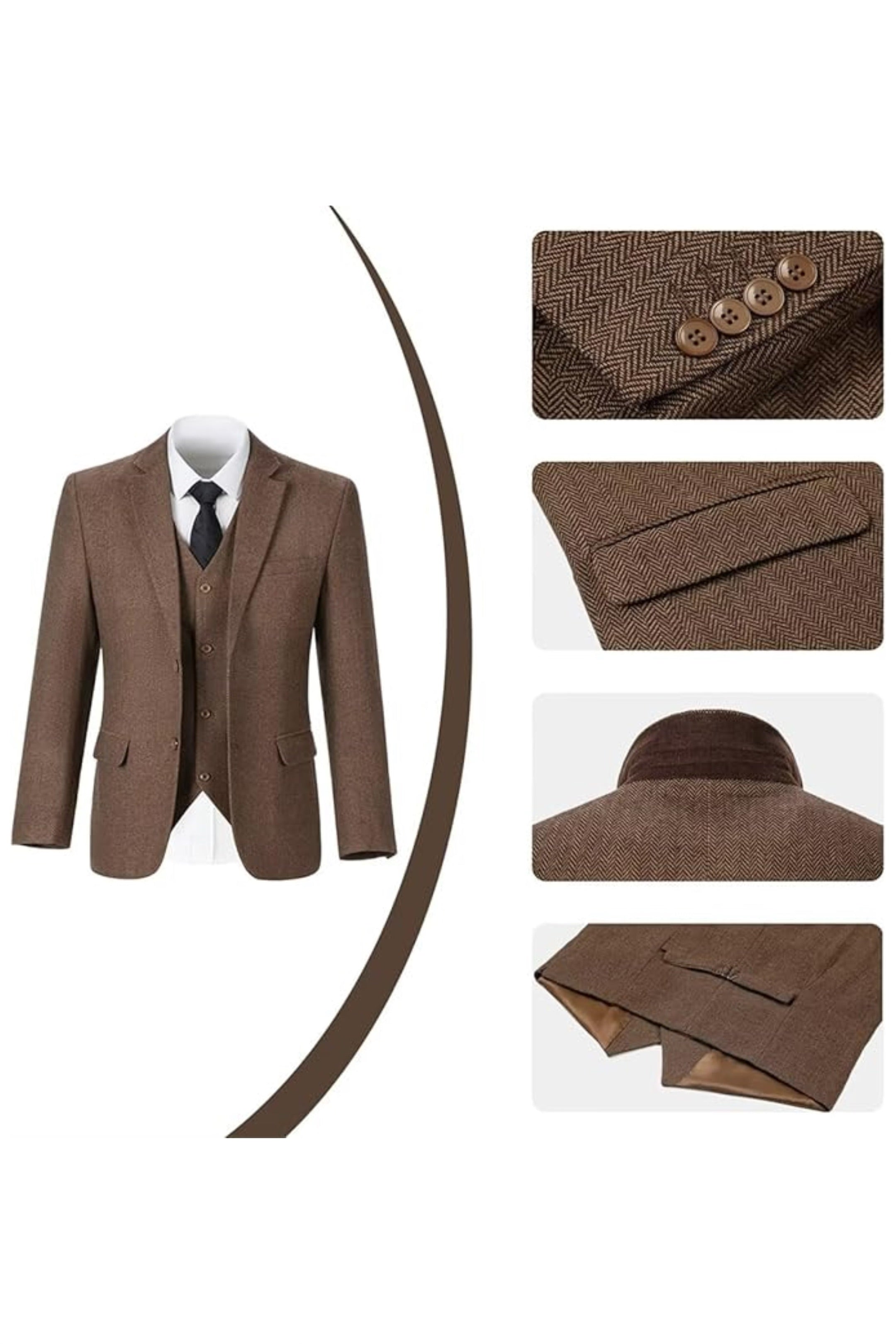 Brown herringbone 3 piece men’s suit – close-up of jacket buttons, lapel and back