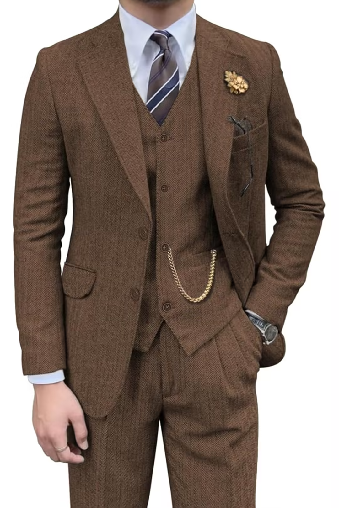 Brown herringbone 3 piece men’s suit – styled full view with shirt and tie