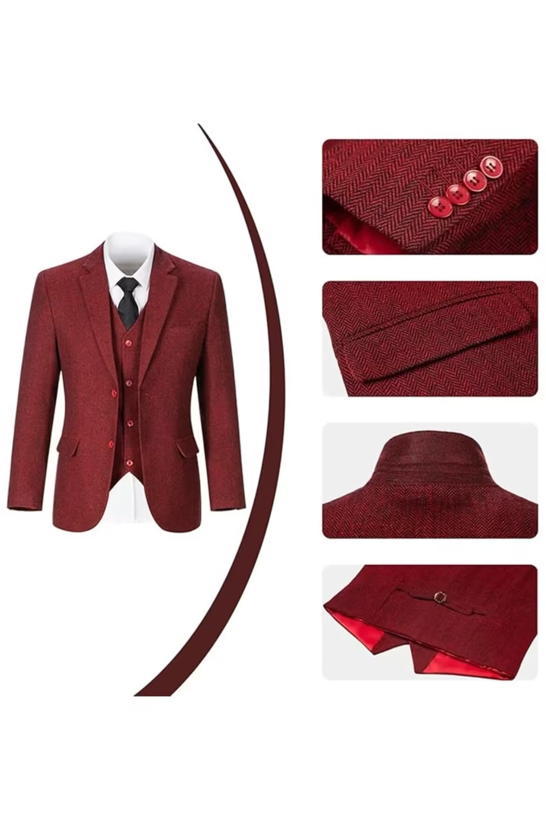 Burgundy herringbone 3 piece men’s suit – close-up of jacket buttons, lapel and back