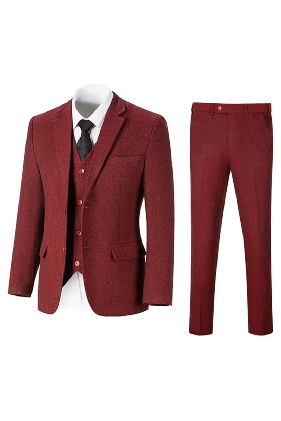 Burgundy herringbone 3 piece men’s suit – jacket, vest and pants set flat lay