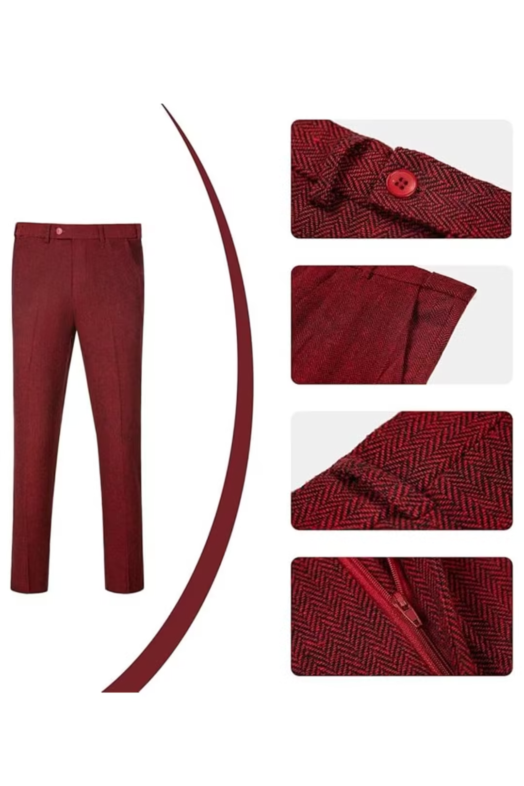 Burgundy herringbone 3 piece men’s suit – trousers with pocket, zipper and herringbone pattern details