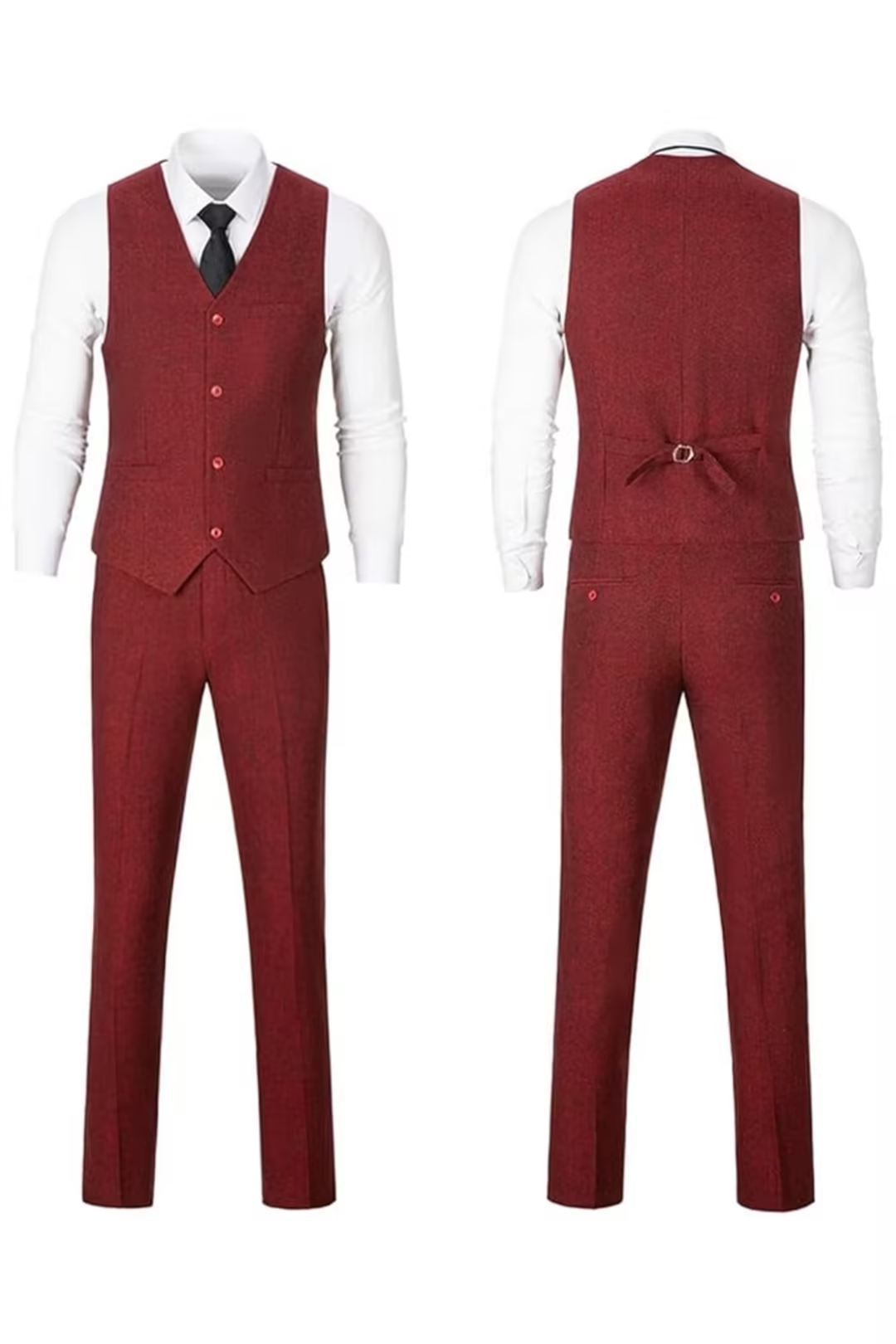 Burgundy herringbone 3 piece men’s suit – front and back of vest and pants