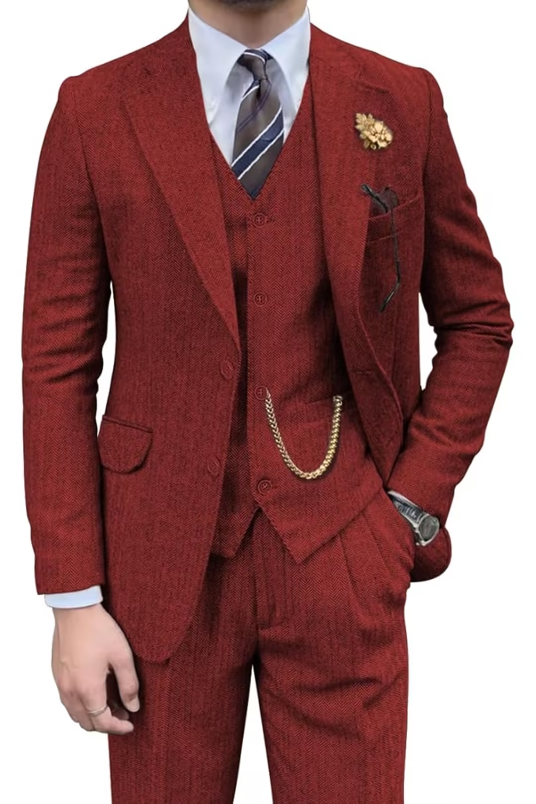 Burgundy herringbone 3 piece men’s suit – styled full view with shirt and tie