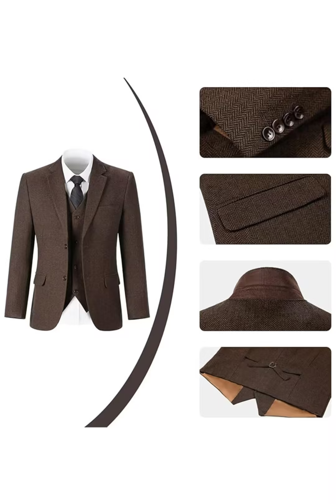 Dark Brown herringbone 3 piece men’s suit – close-up of jacket buttons, lapel and back