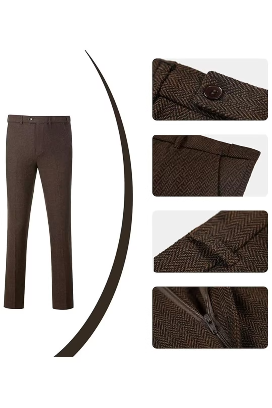 Dark Brown herringbone 3 piece men’s suit – trousers with pocket, zipper and herringbone pattern details