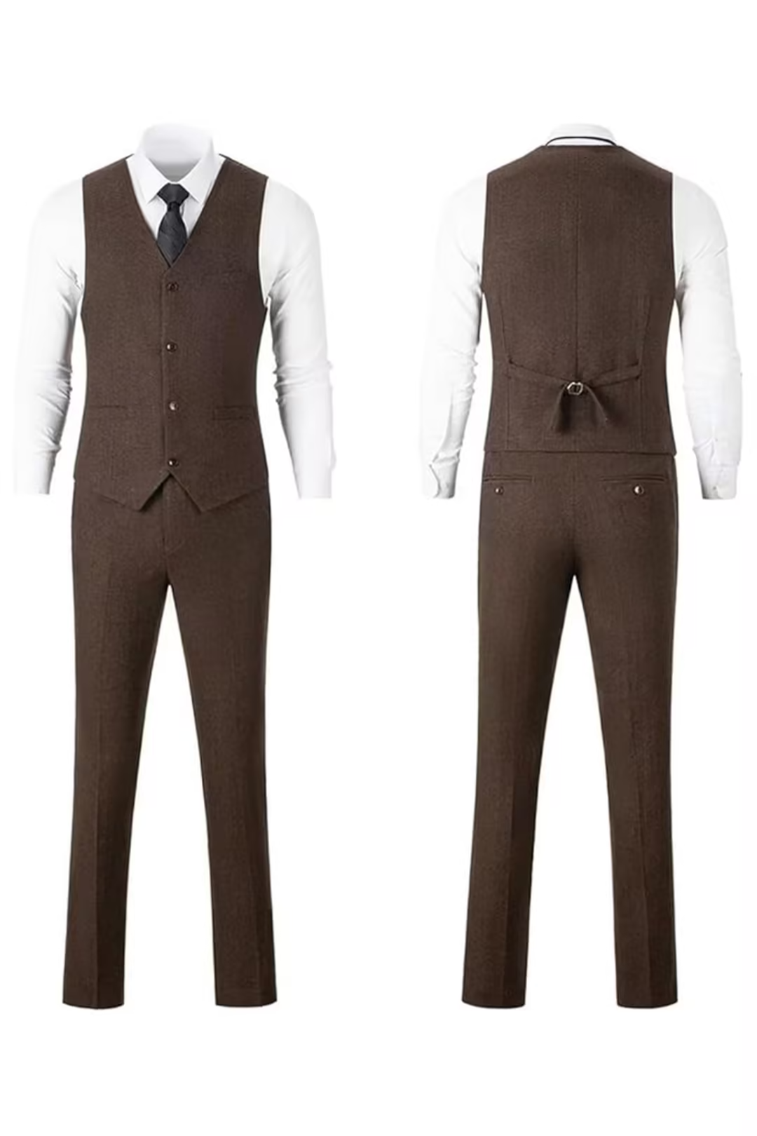 Dark Brown herringbone 3 piece men’s suit – front and back of vest and pants