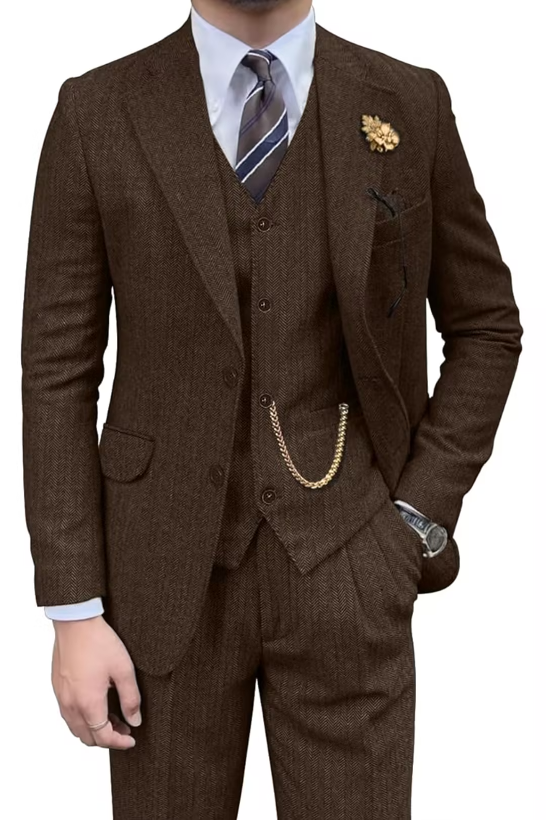 Dark Brown herringbone 3 piece men’s suit – styled full view with shirt and tie