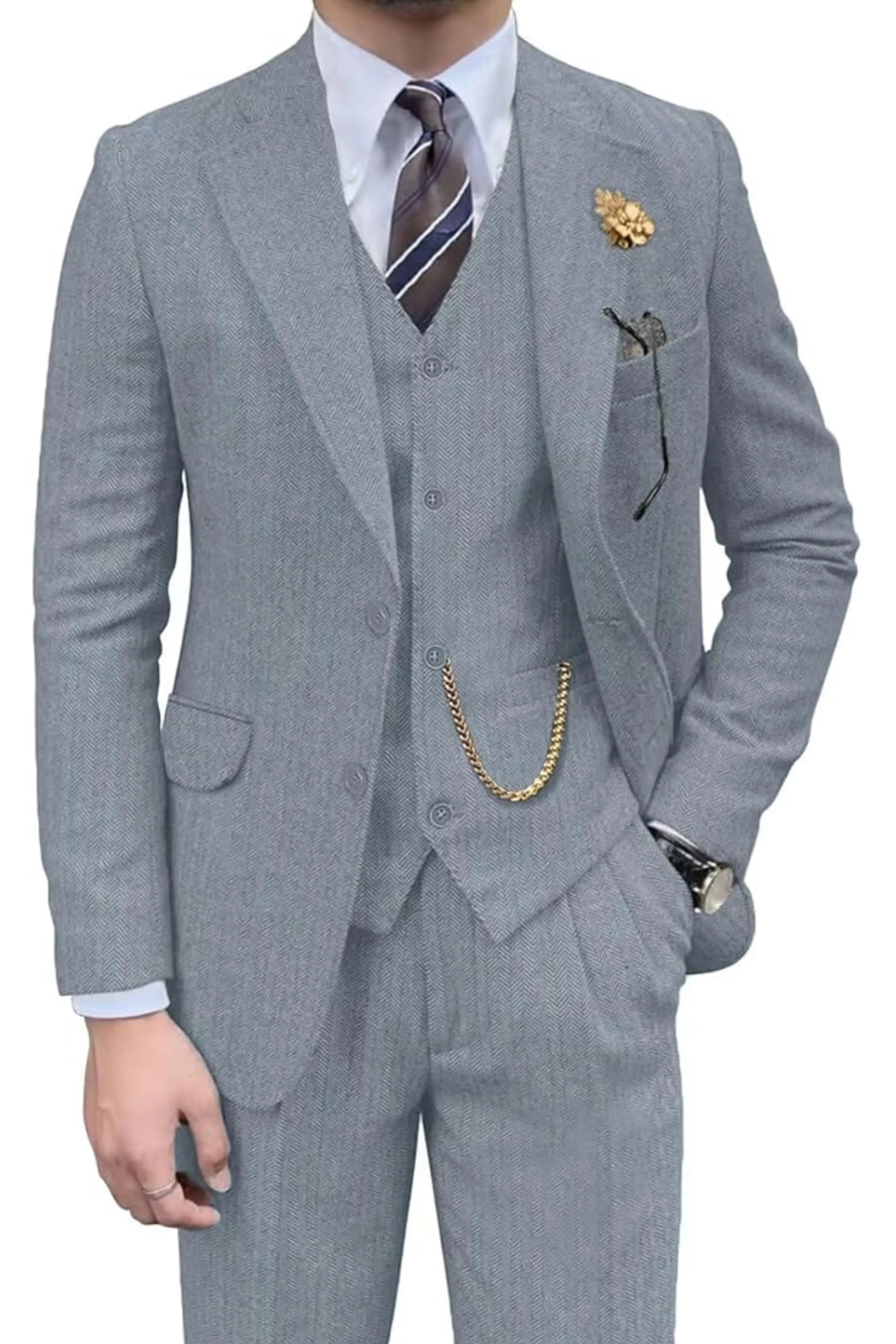 Men's Retro Slim Fit Herringbone 3 Piece Siut - Upgraded Version