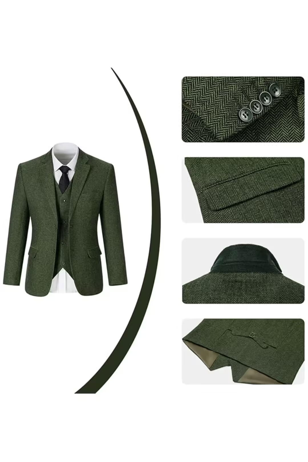 Green herringbone 3 piece men’s suit – close-up of jacket buttons, lapel and back