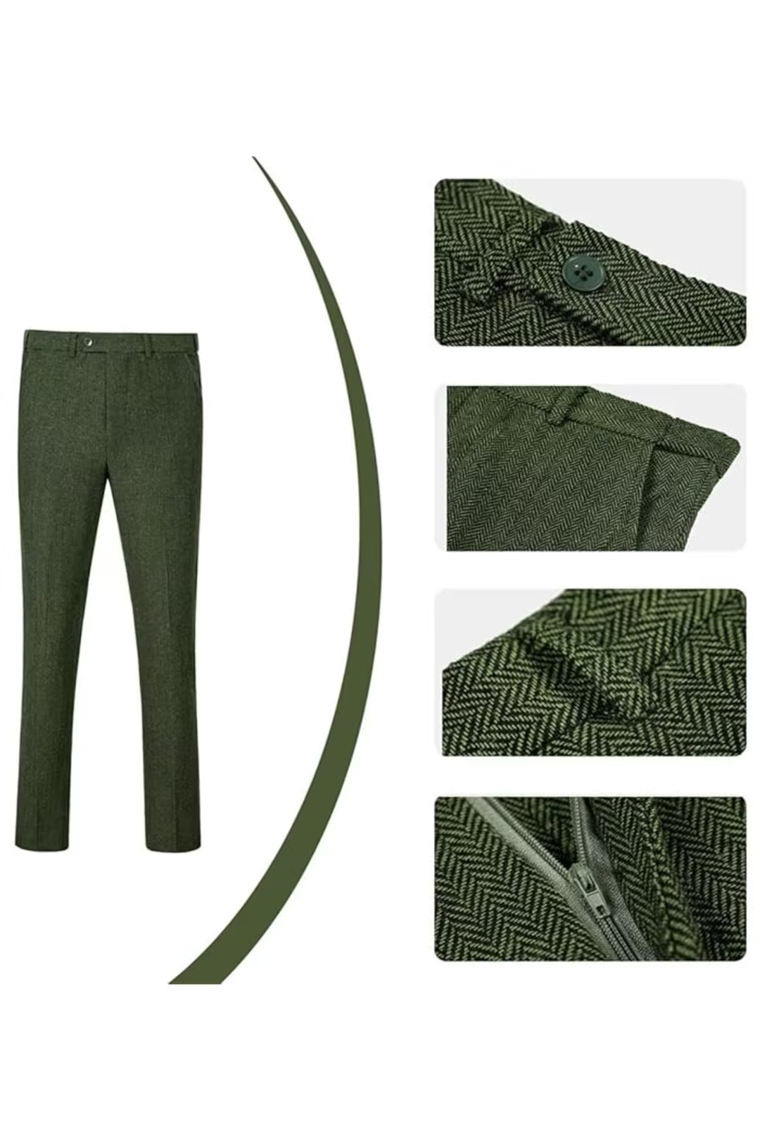 Green herringbone 3 piece men’s suit – trousers with pocket, zipper and herringbone pattern details