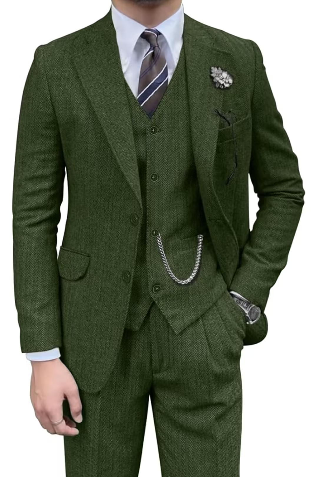 Green herringbone 3 piece men’s suit – styled full view with shirt and tie
