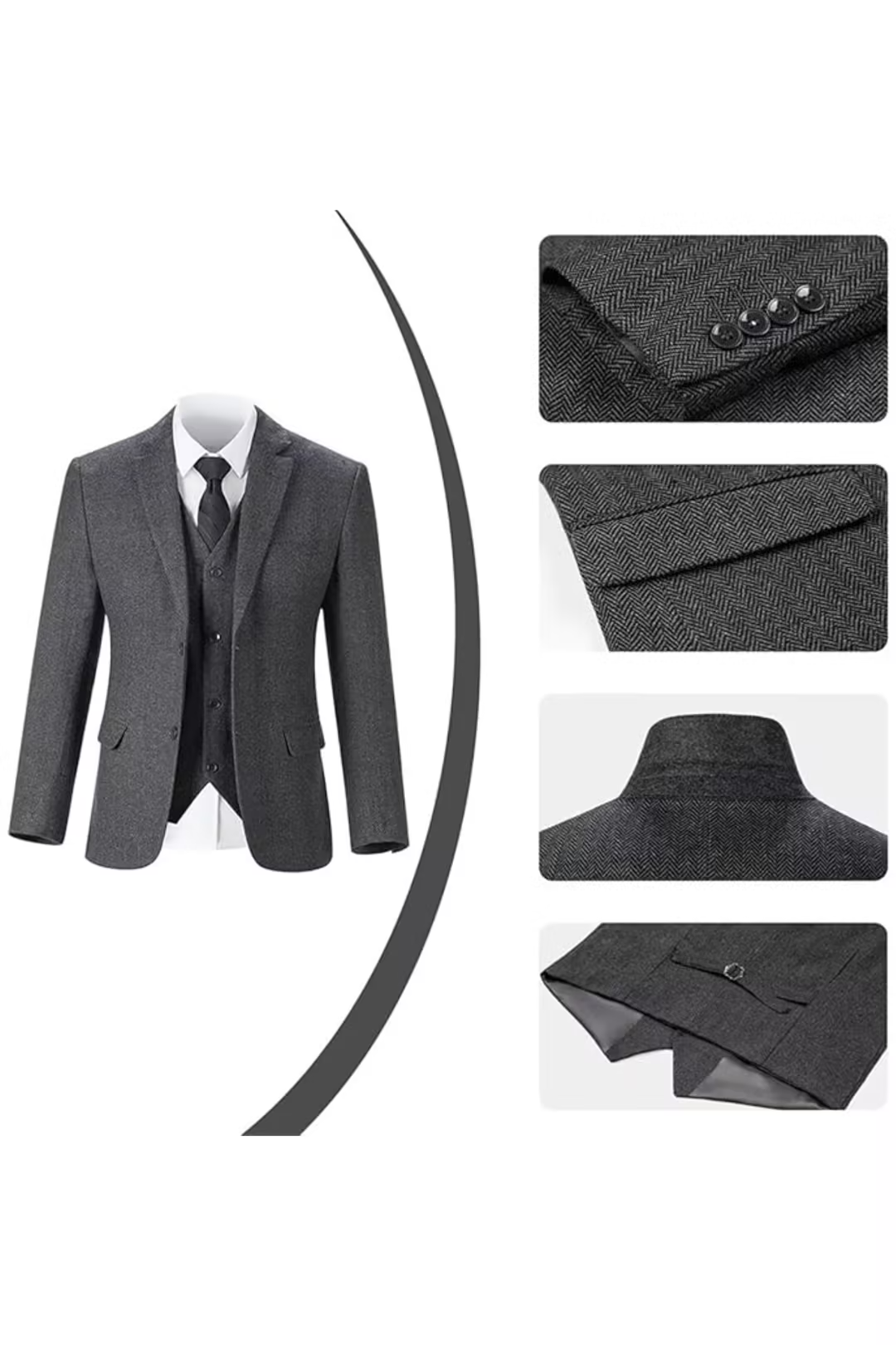 Grey herringbone 3 piece men’s suit – close-up of jacket buttons, lapel and back