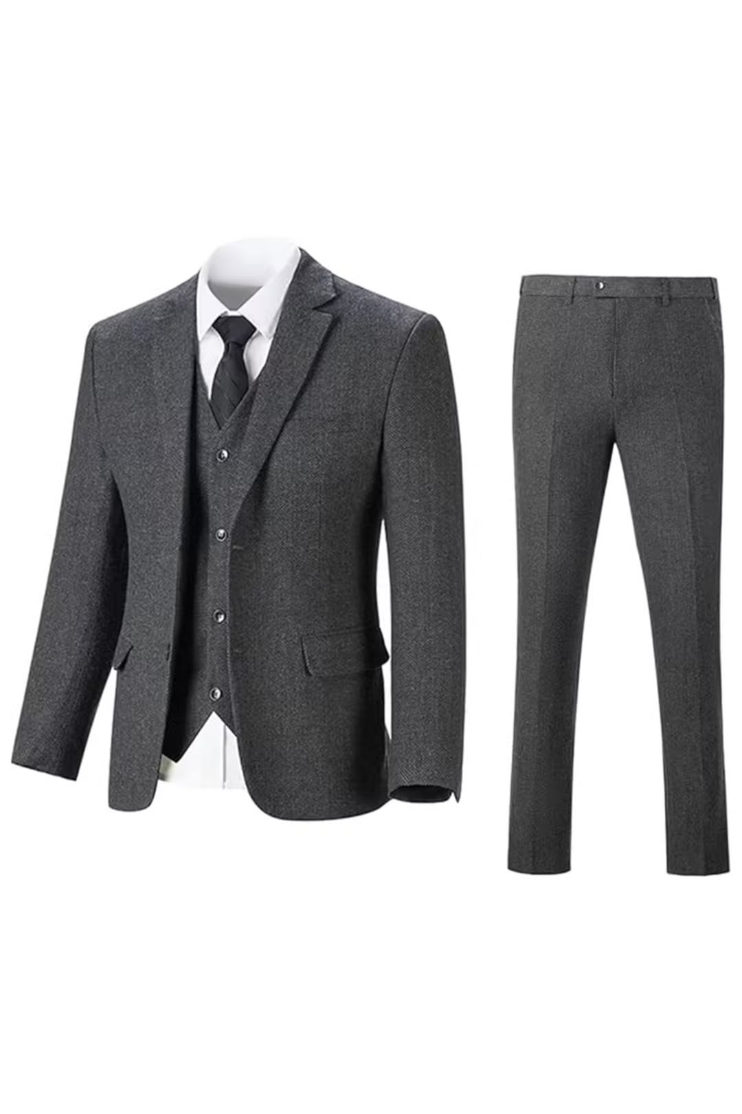 Grey herringbone 3 piece men’s suit – jacket, vest and pants set flat lay