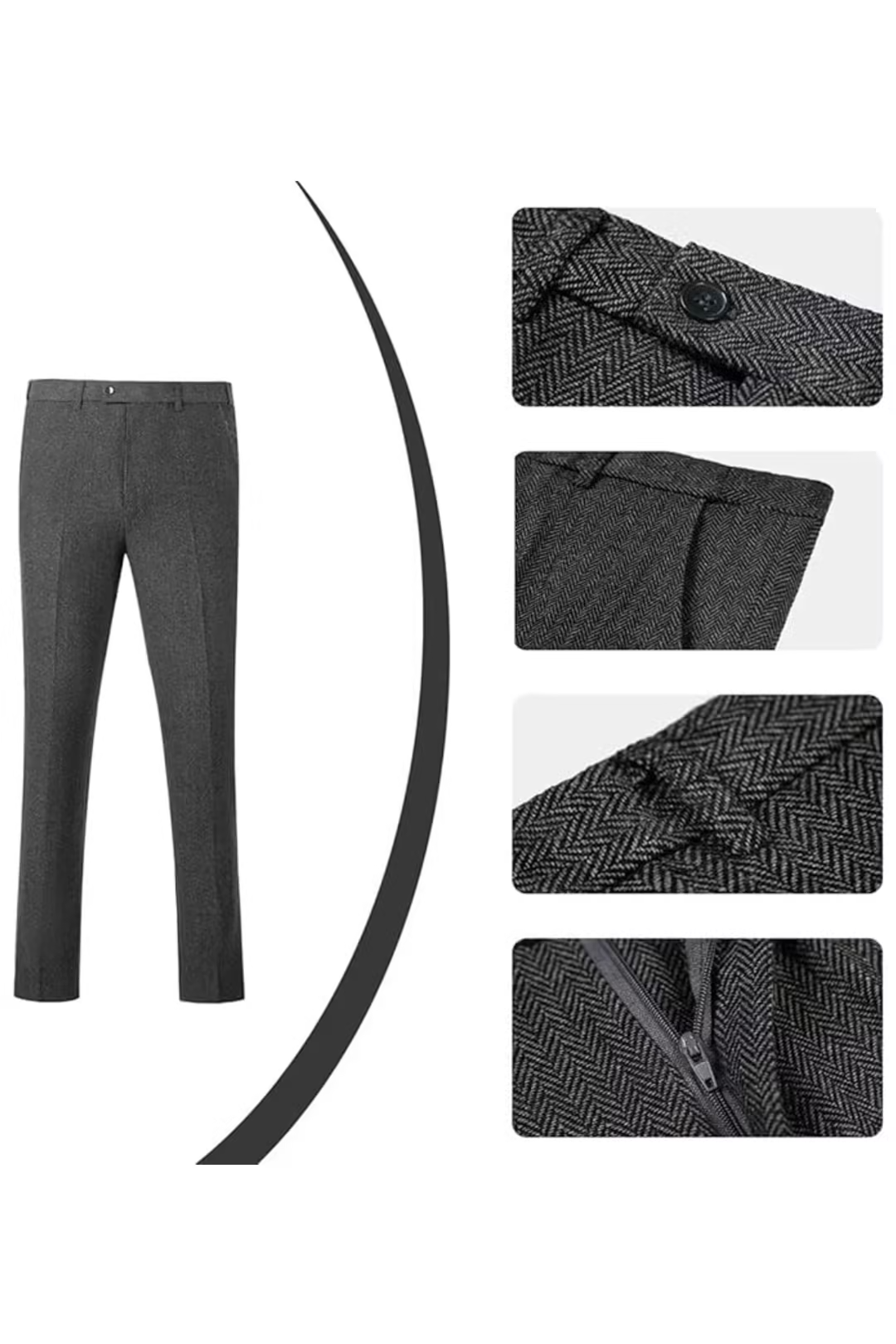 Grey herringbone 3 piece men’s suit – trousers with pocket, zipper and herringbone pattern details