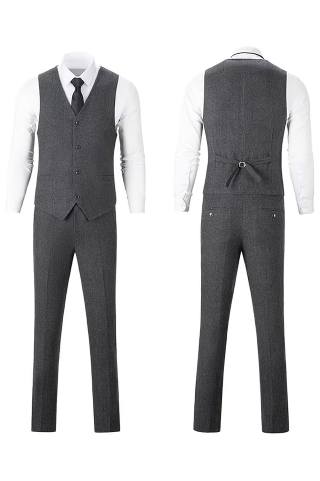 Grey herringbone 3 piece men’s suit – front and back of vest and pants