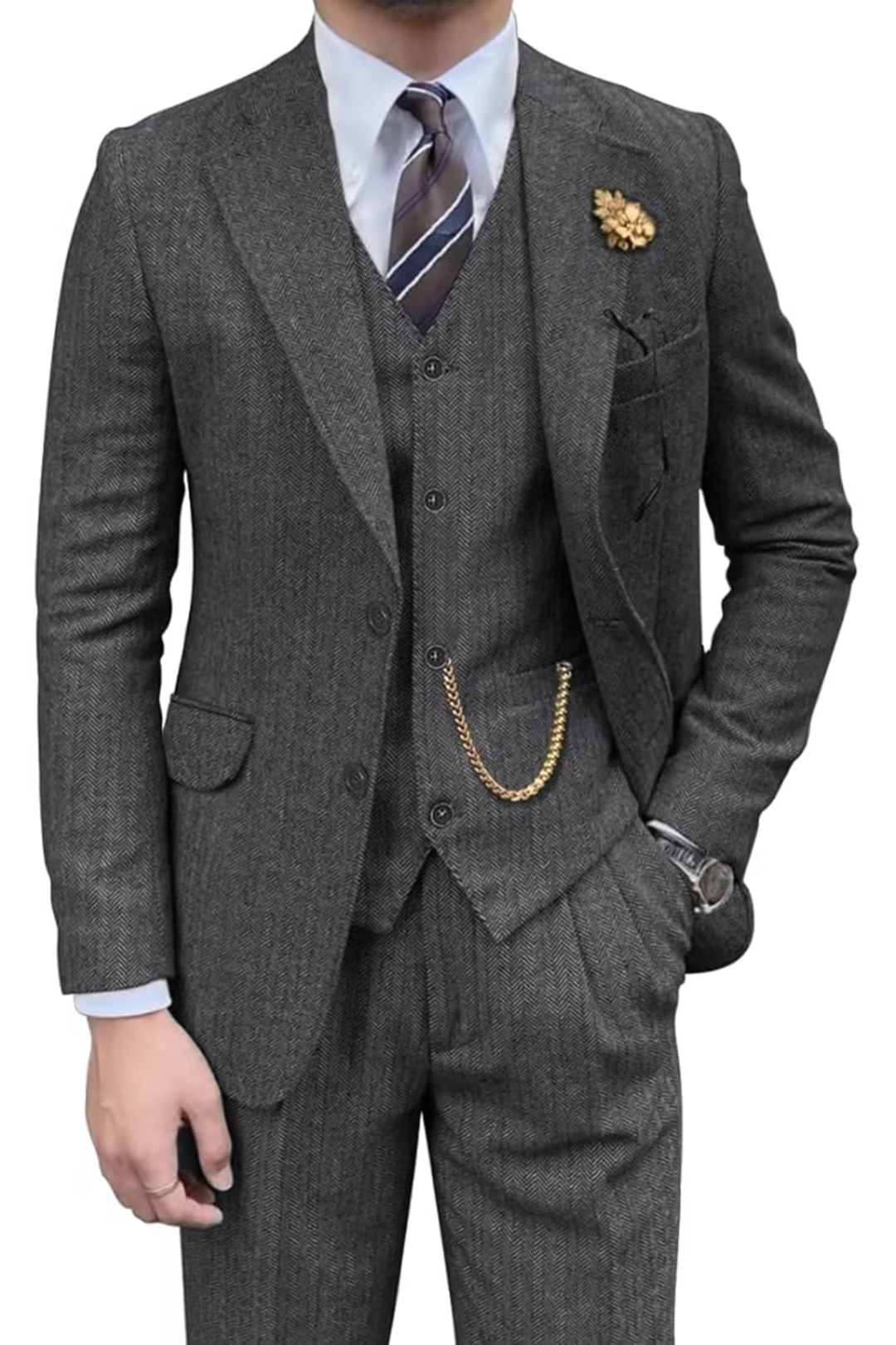 Grey herringbone 3 piece men’s suit – styled full view with shirt and tie