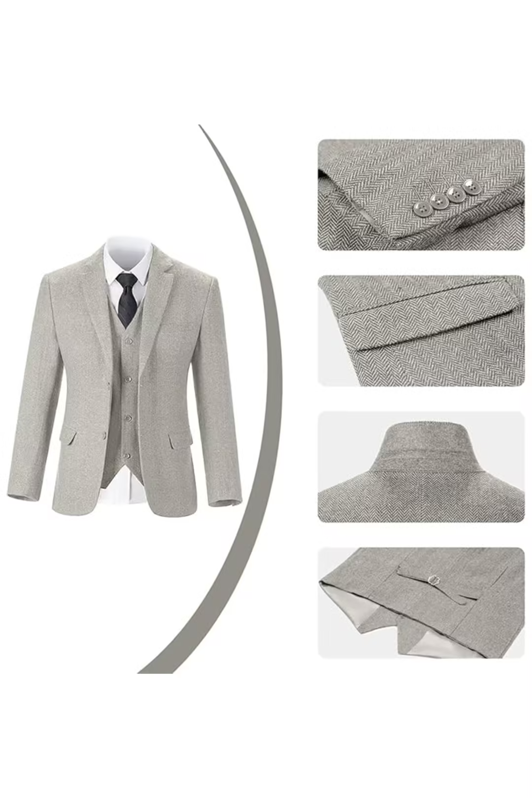 Light Grey herringbone 3 piece men’s suit – close-up of jacket buttons, lapel and back