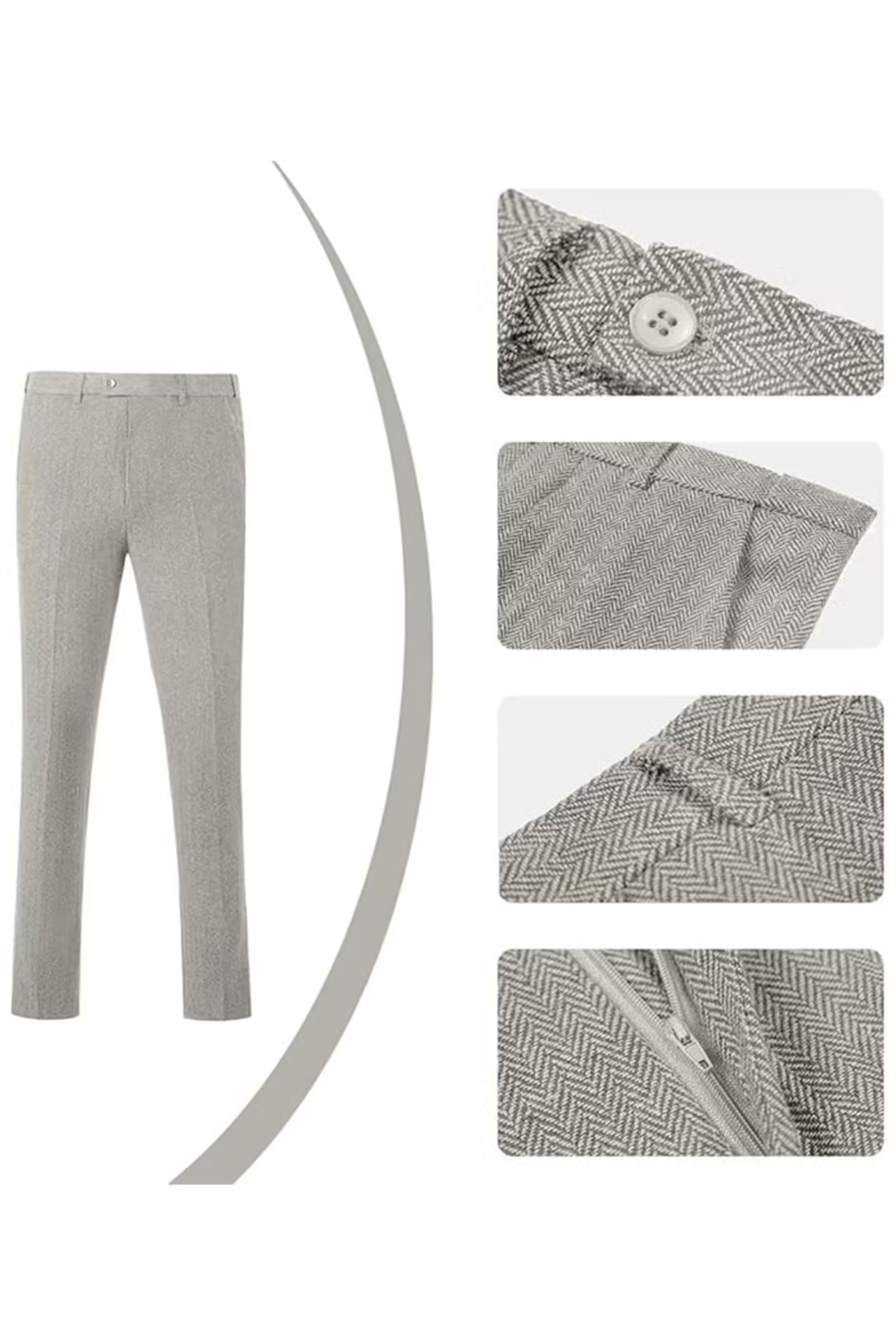 Light Grey herringbone 3 piece men’s suit – trousers with pocket, zipper and herringbone pattern details