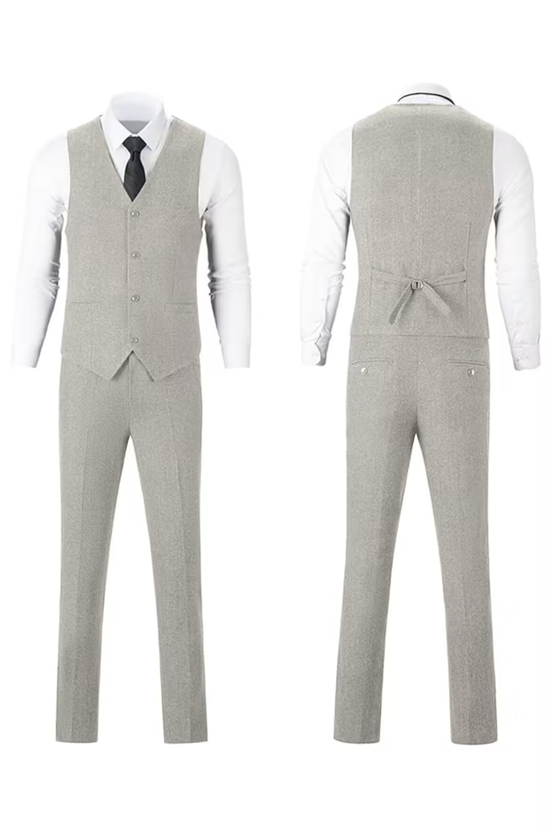 Light Grey herringbone 3 piece men’s suit – front and back of vest and pants