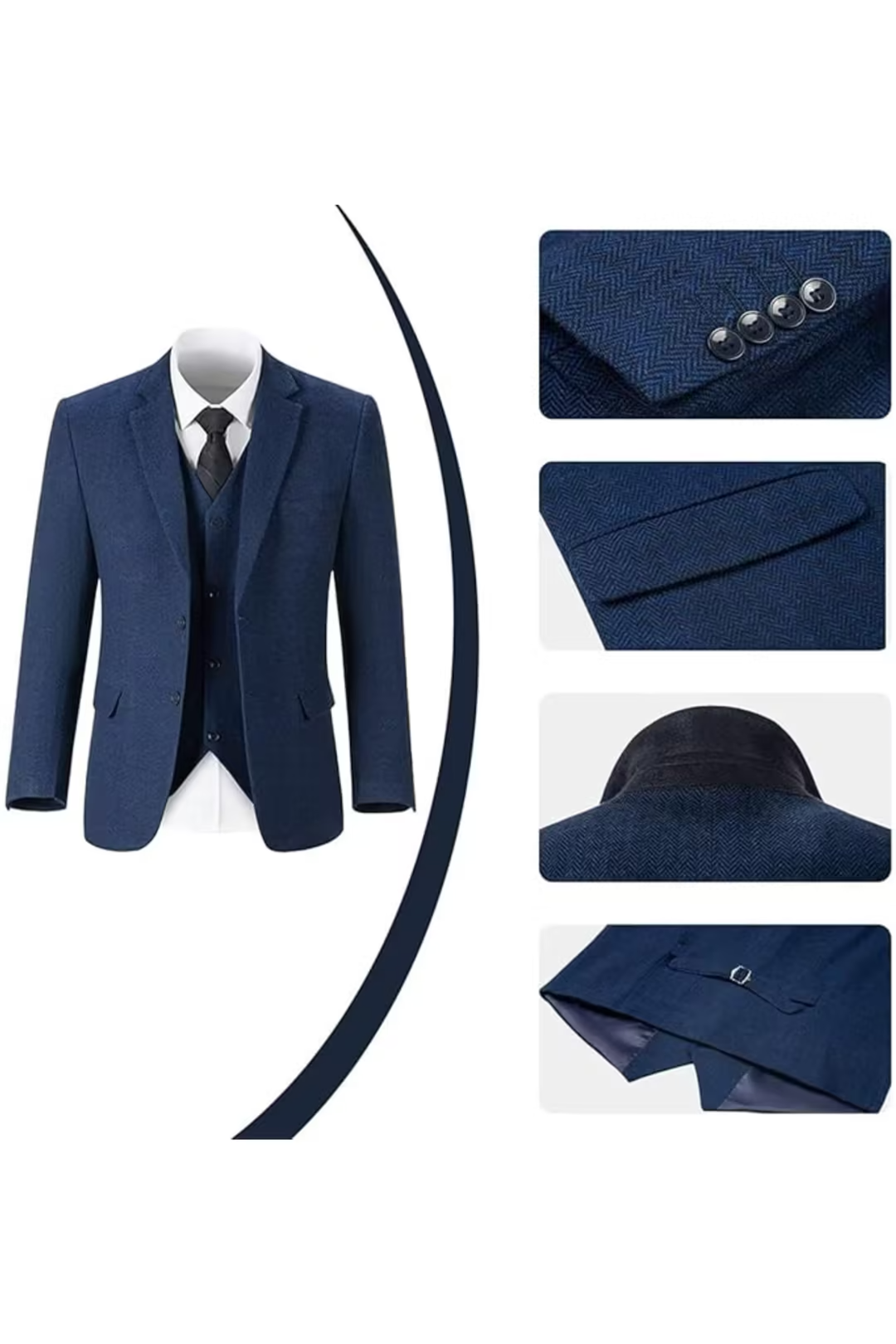 Navy Blue herringbone 3 piece men’s suit – close-up of jacket buttons, lapel and back