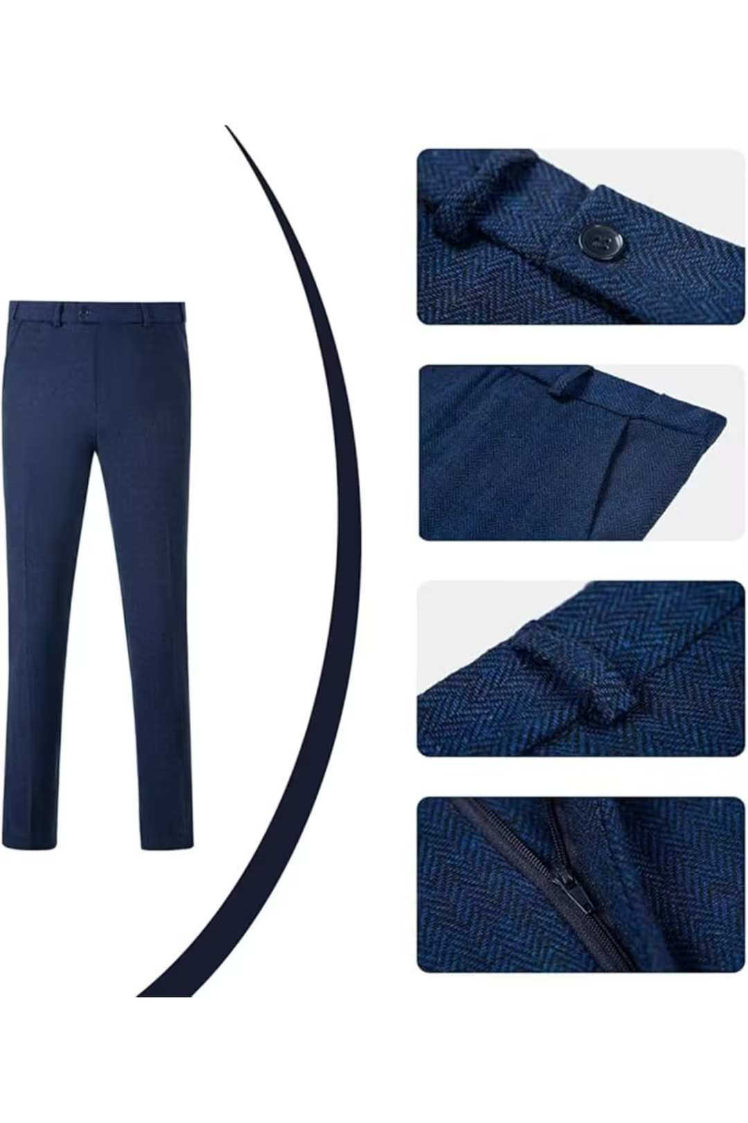 Navy Blue herringbone 3 piece men’s suit – trousers with pocket, zipper and herringbone pattern details