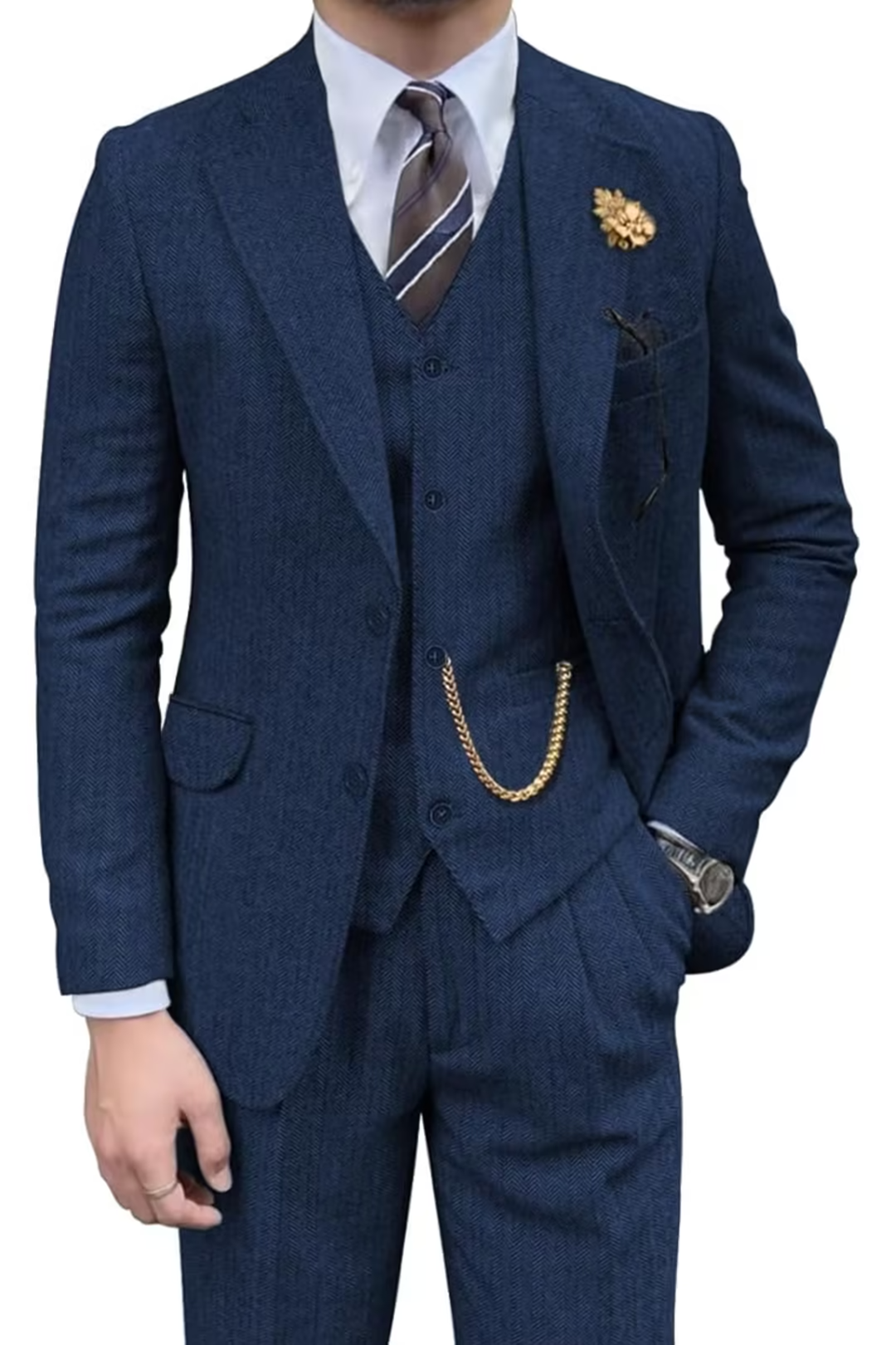 Navy Blue herringbone 3 piece men’s suit – styled full view with shirt and tie