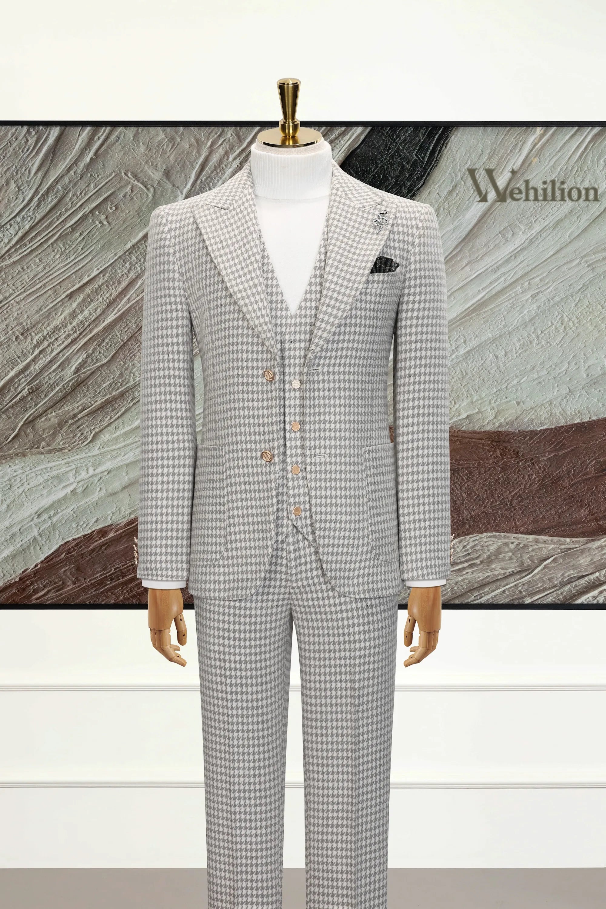 Men's Grey Houndstooth Herringbone 3 Piece Suit