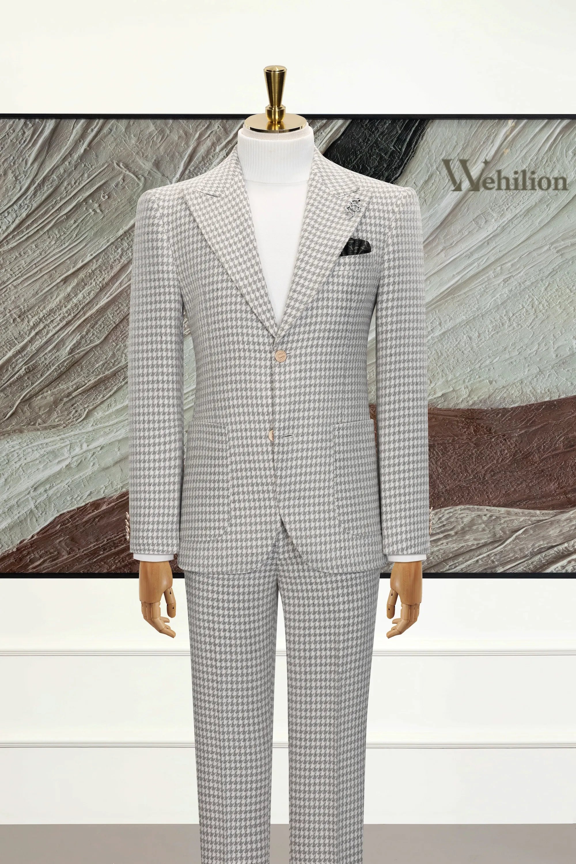 Men's Grey Houndstooth Herringbone 3 Piece Suit