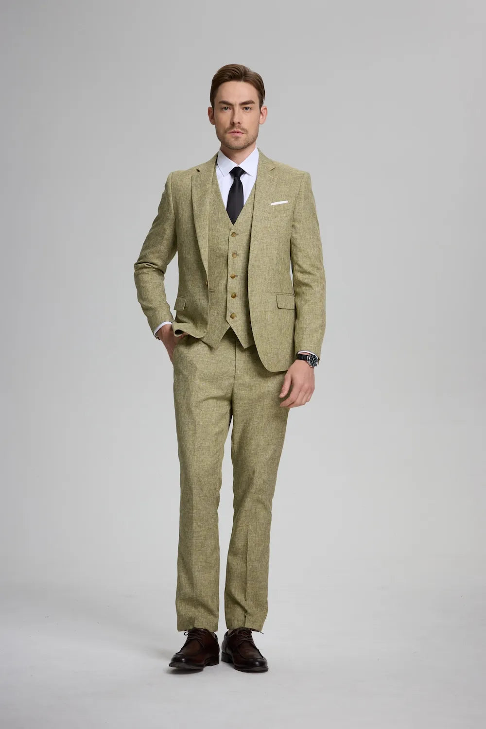 full front view of men's green lightweight 3-piece suit with tie – perfect for business or casual events